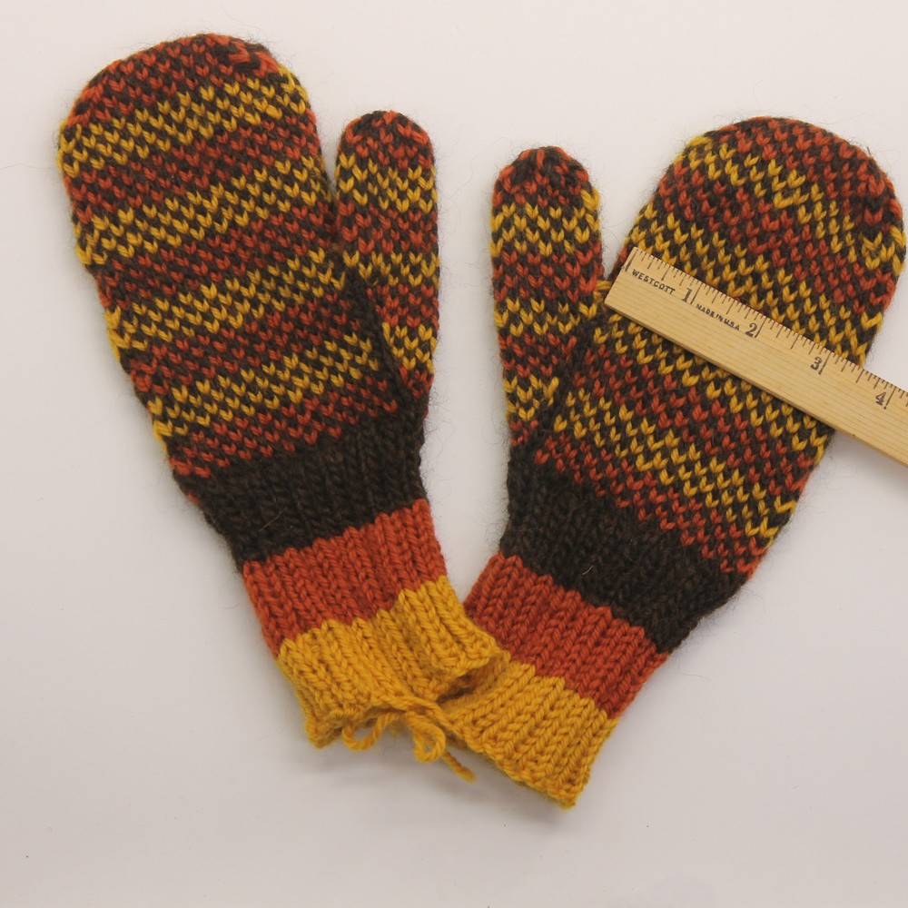 Dark Brown Yellow Orange Pattern Mittens Knit