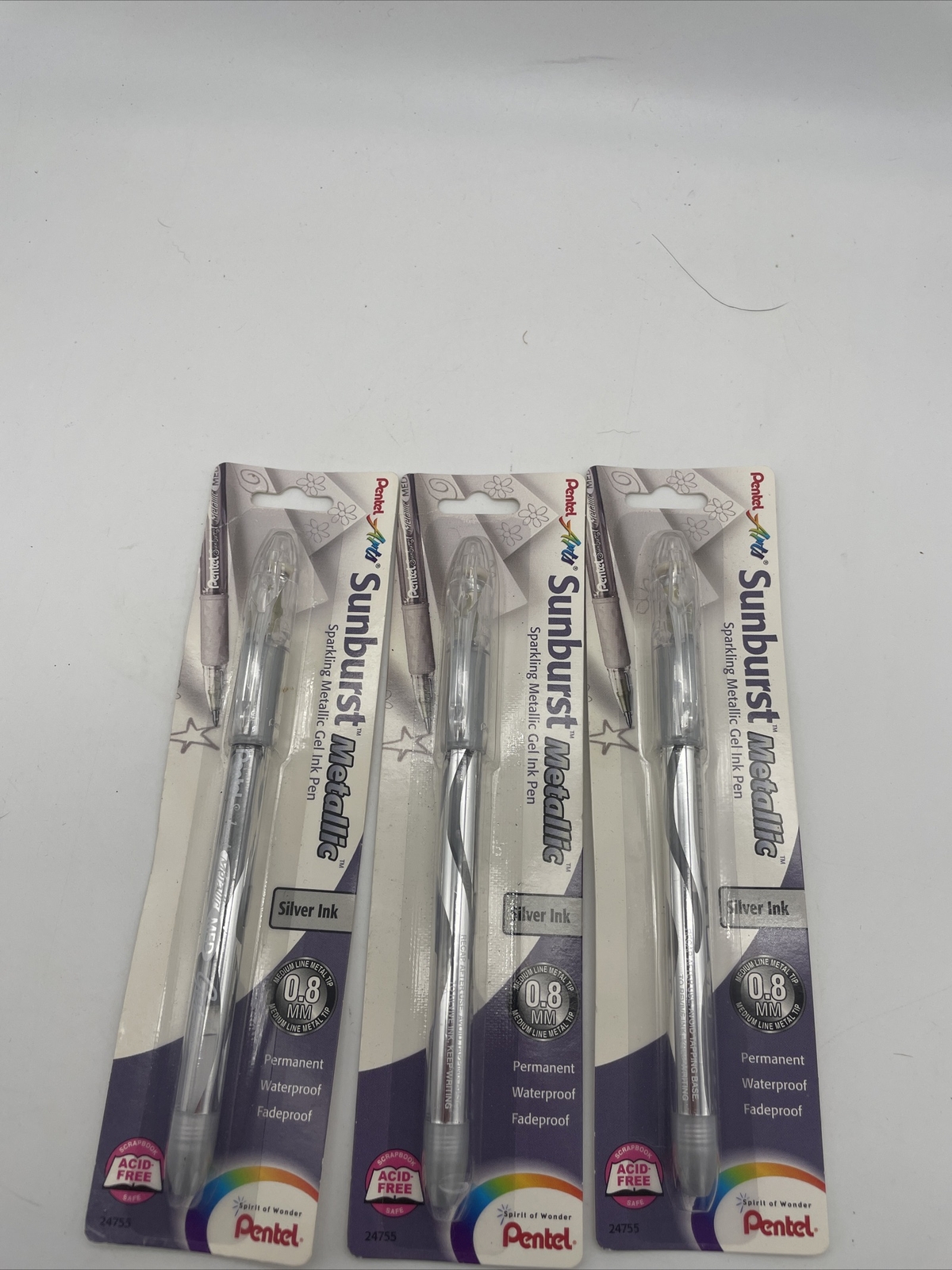 Pentel Arts Sunburst Metallic Gel Pen, Silver, Permanent .8mm Lot Of 3