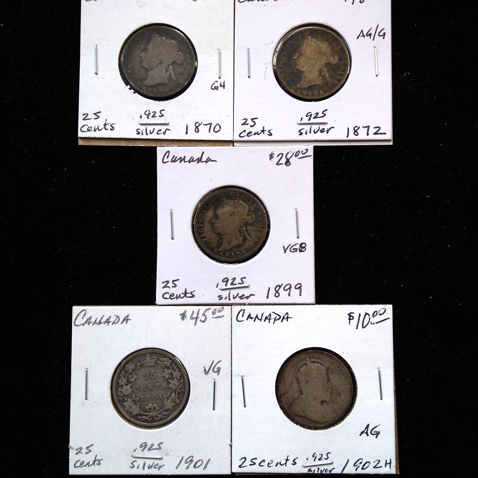 Lot of 5 Canada 25 Cent Silver Coins (1870-1902)