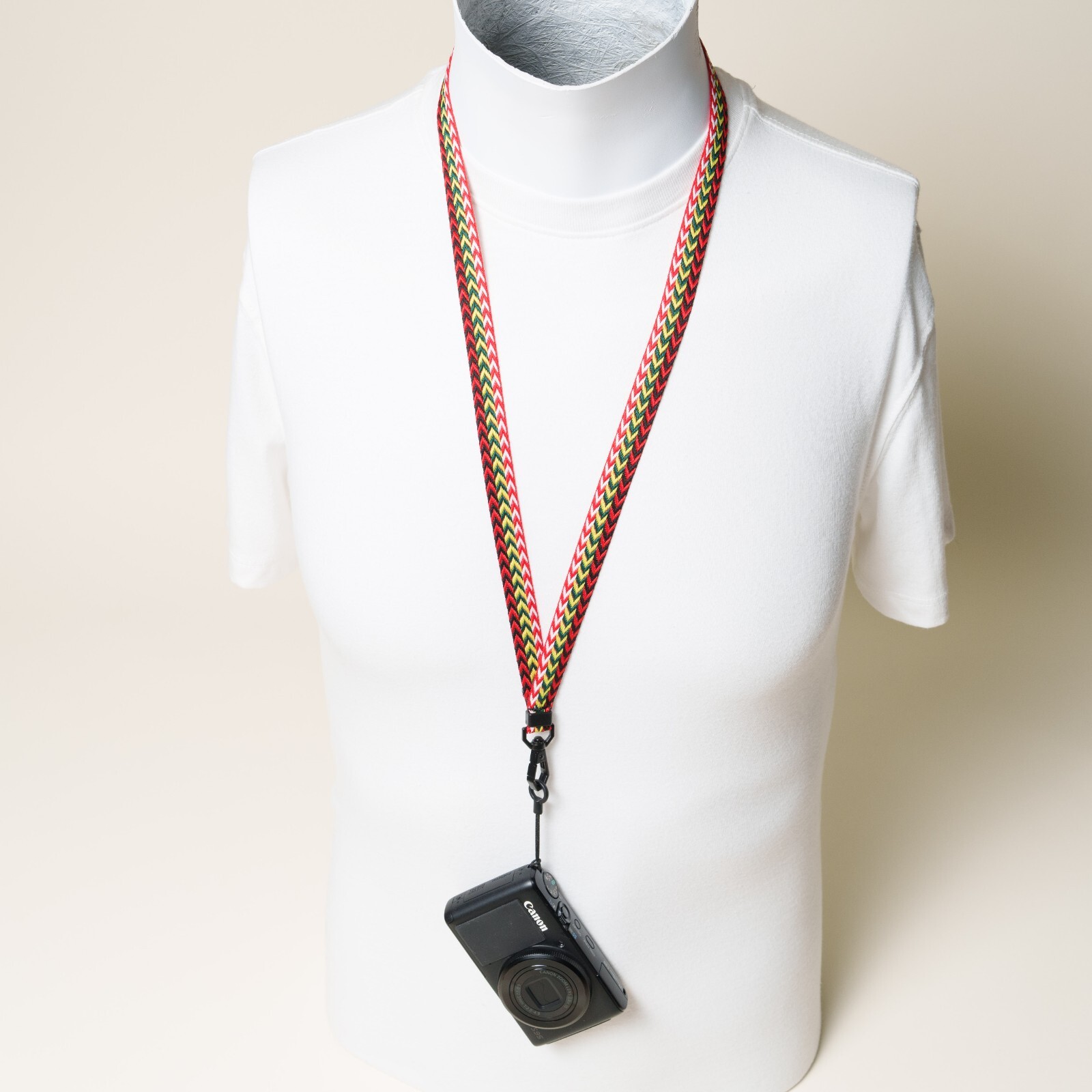 Single Point camera strap Lanyard 80s Red, Green, White / Quick Clasp Mount