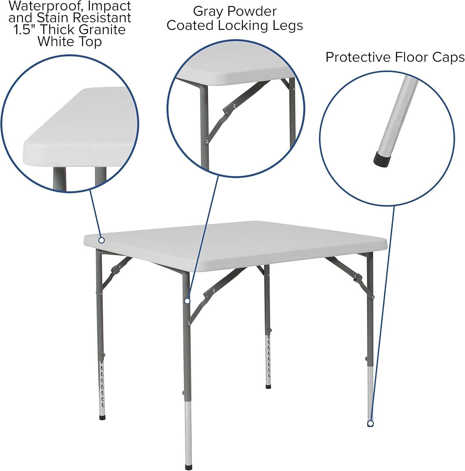 Square Height Adjustable White Plastic Folding Table for Home Garden Office US