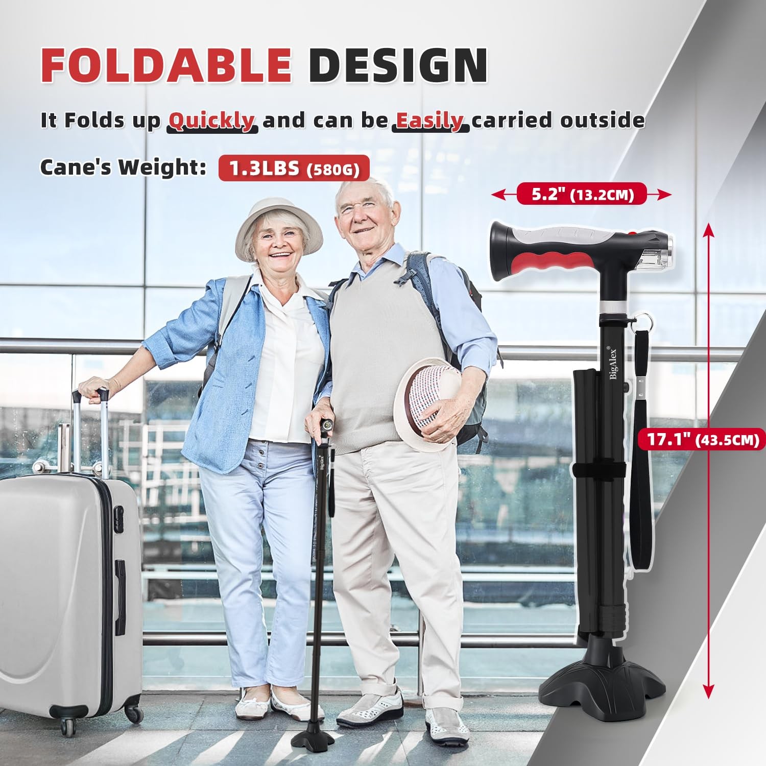 Folding Cane with 2 LED Lights, 8 Adjustable Heights, Solid Base - Comfortable