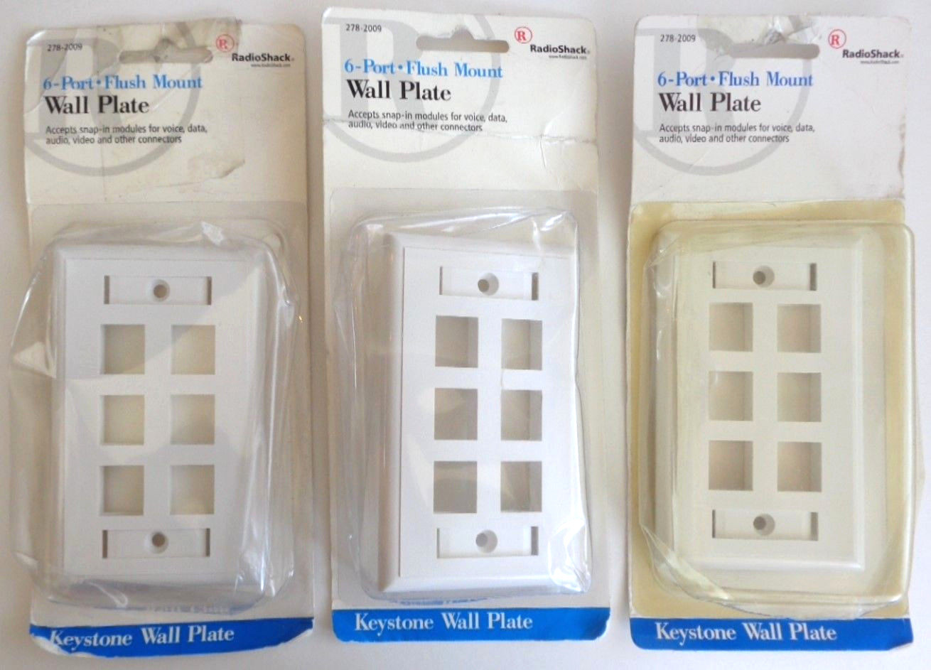 3 Radio Shack 6-Port Flush Mount Wall Plates Snap-In Module & Hardware 278-2009