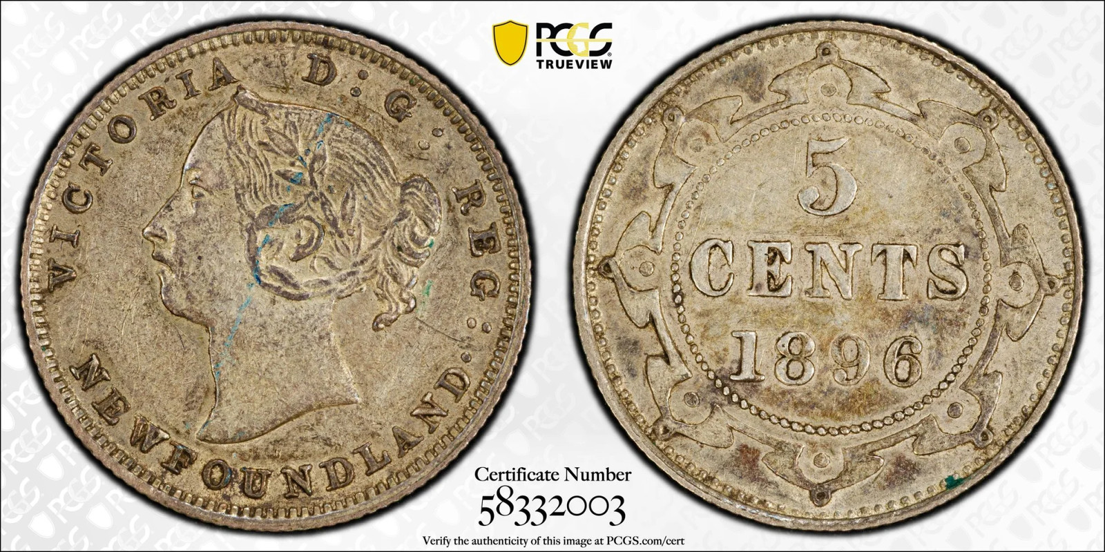 1896 Newfoundland Canada Silver 5 CENTS PCGS AU-53 - KM-2