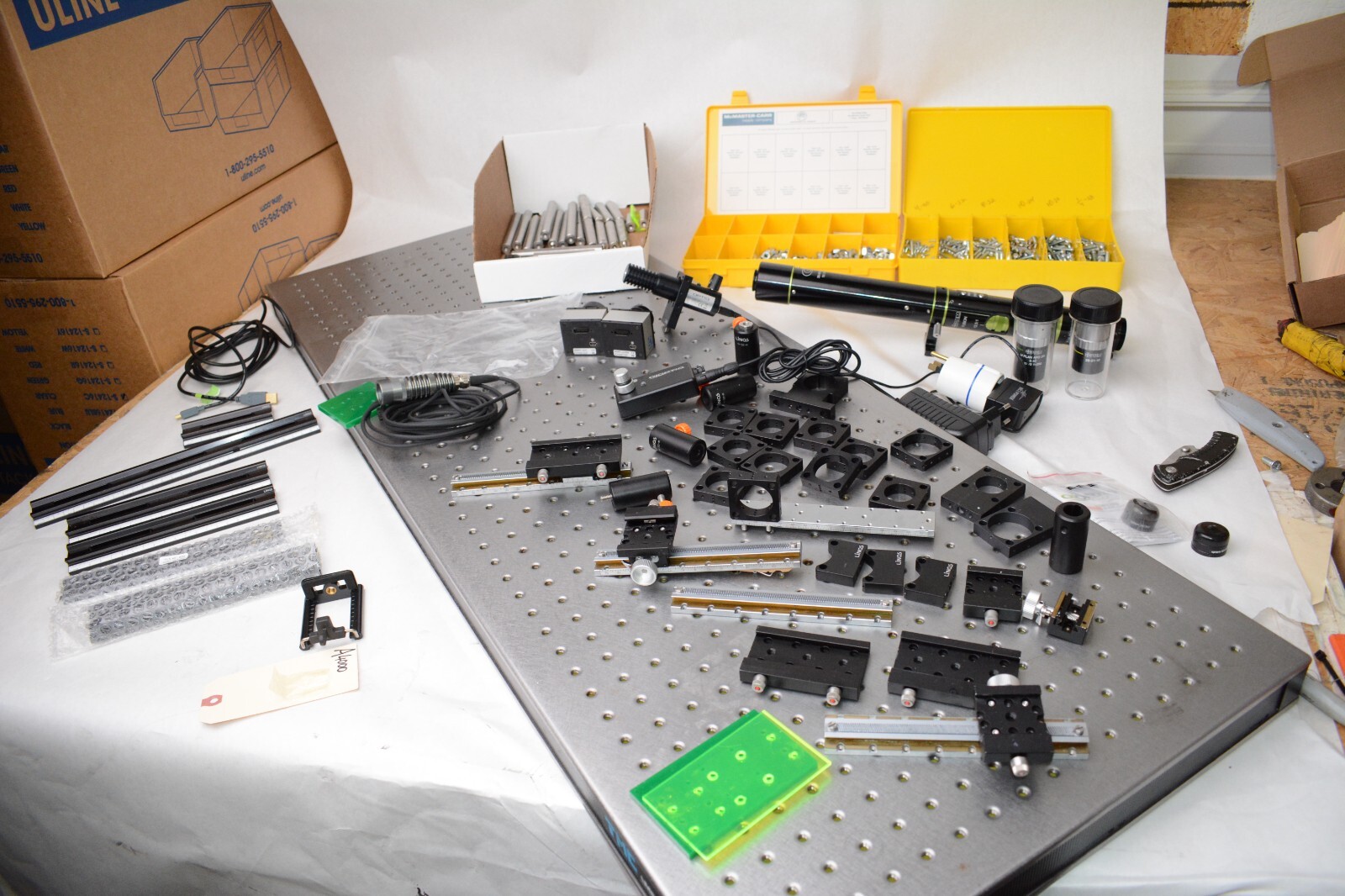 TMC Optical Breadboard 18 x 47"  Lot Of optex Qioptiq   Lens mounts slides clamp
