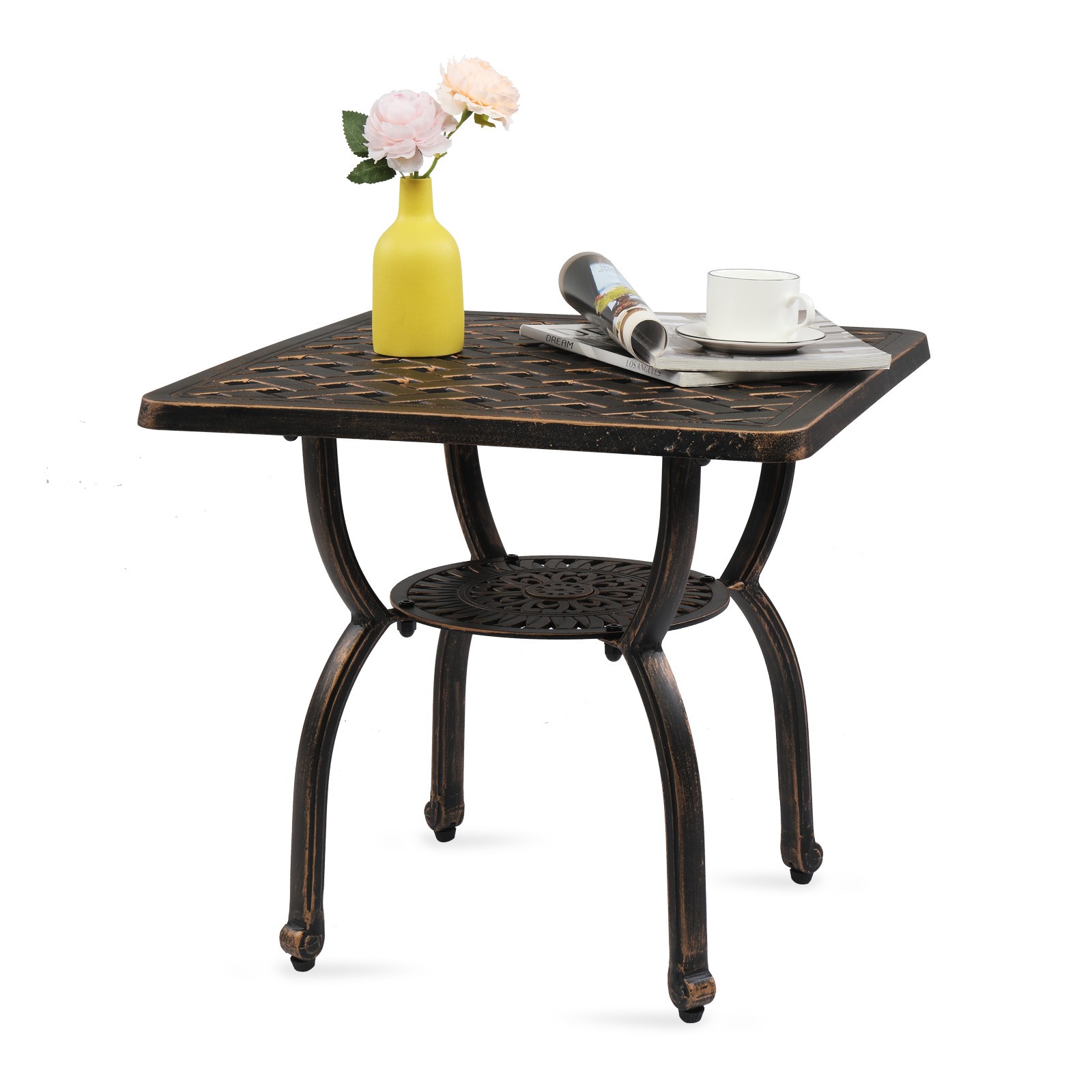 21'' Cast Aluminum Outdoor Side Table with Storage Square Patio Coffee End Table