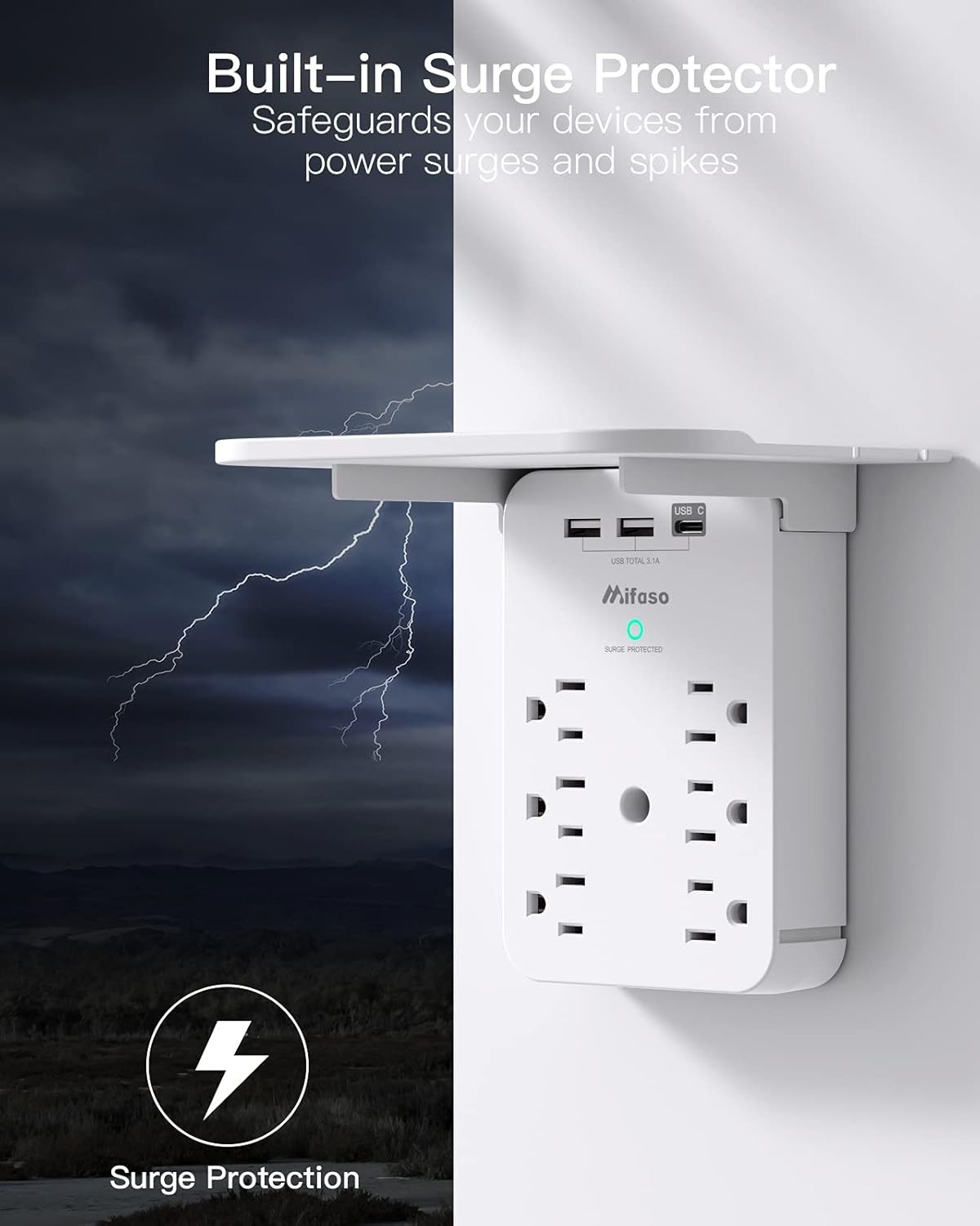 Wall Outlet Extender with Surge Protector 6 AC Outlets Shelf 2 USB & USB C