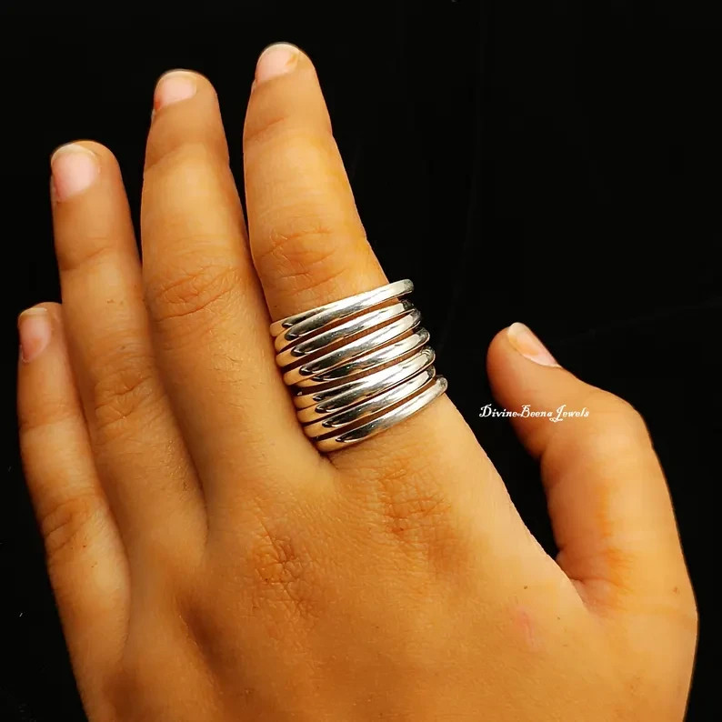 Seven Band 925 Sterling Silver Statement Ring, Wide Chunky Coil Ring  All Size