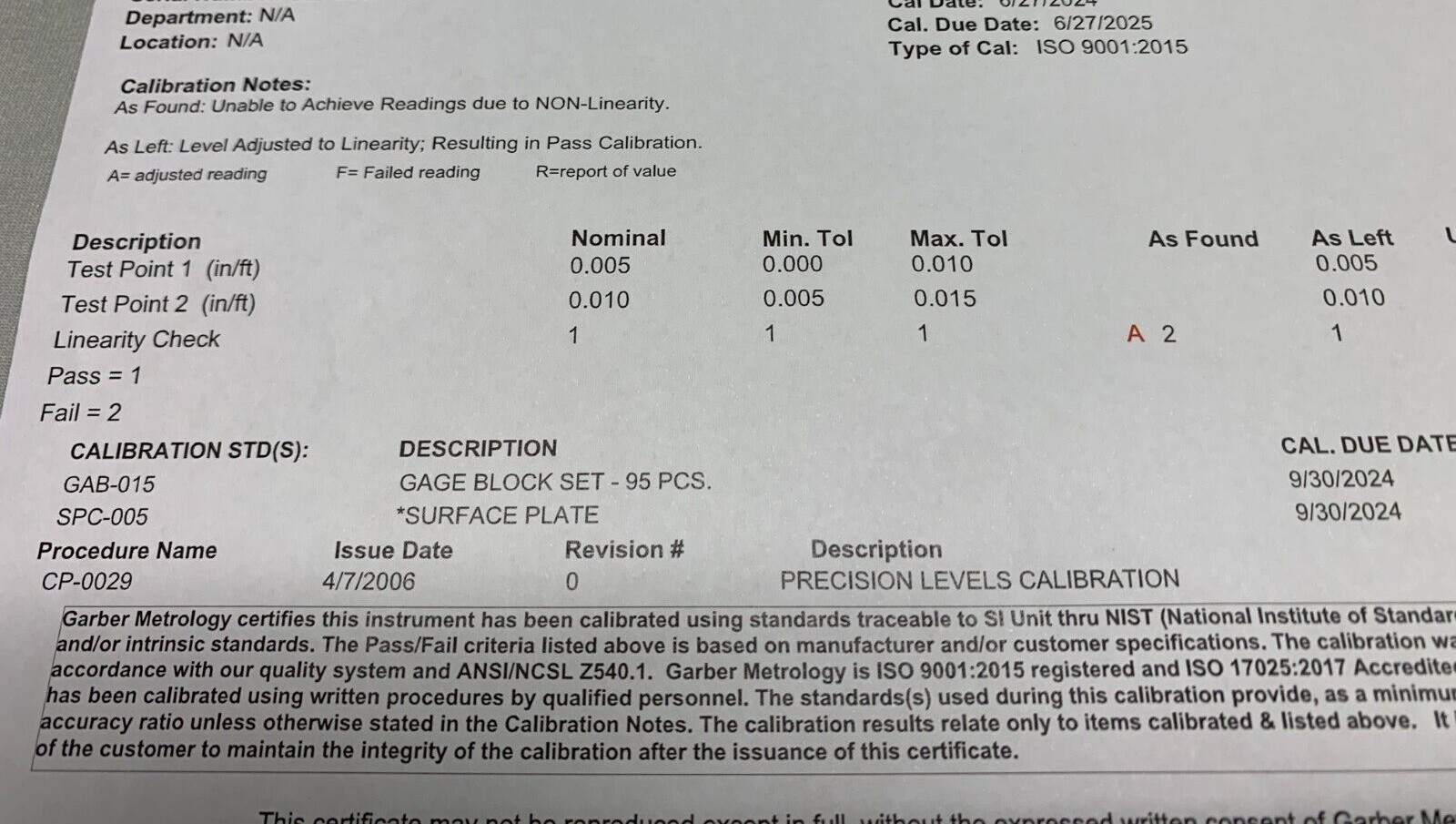 Unbranded Precision Machine Level, 12", Calibrated & Certified, .005"/ft