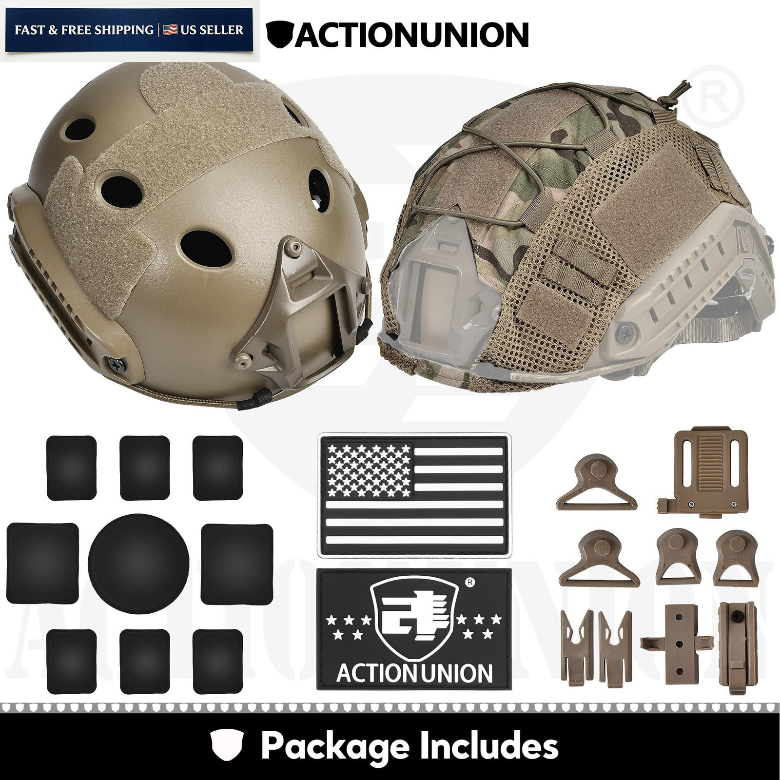 ACTIONUNION Airsoft Helmet Basic Set PJ Type Tactical Paintball Large, Tan
