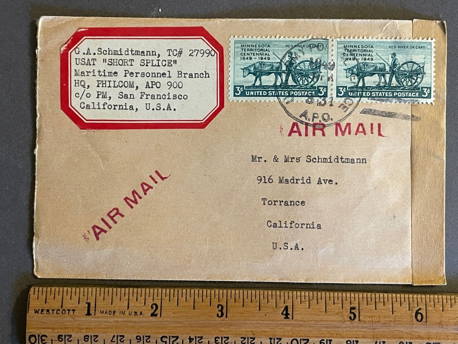 1949 ADDRESSED ENVELOPE WITH USAT SHORT SPLICE MANILA PHILIPPINES STAMP EMPTY