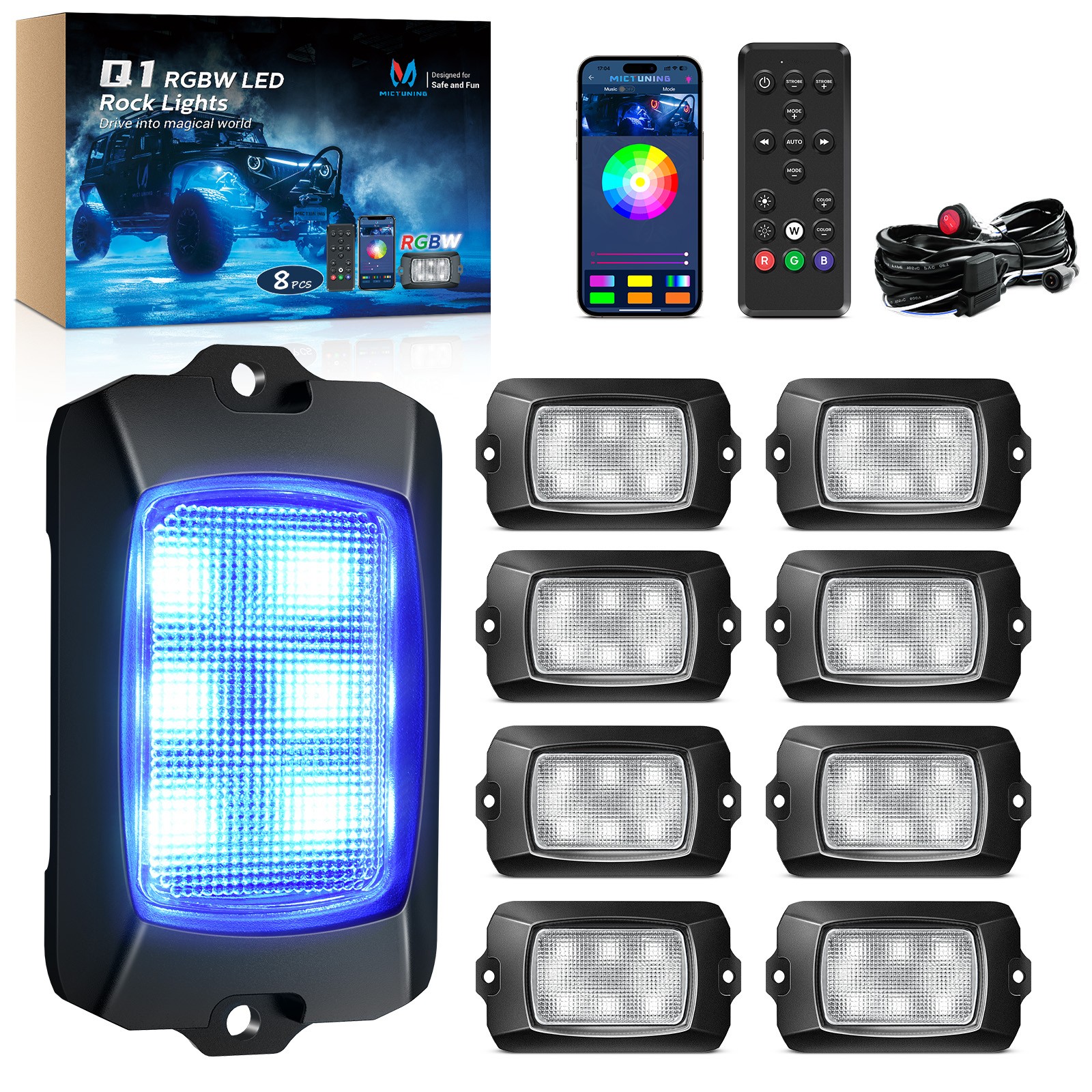 MICTUNING Q1 8-Pod RGBW LED Rock Lights Kit  Underglow Underbody Neon Light