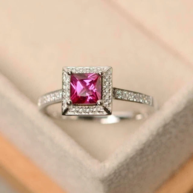 2.10Ct Princess Cut Lab Created Pink Ruby Women Halo Ring 14K White Gold Plated