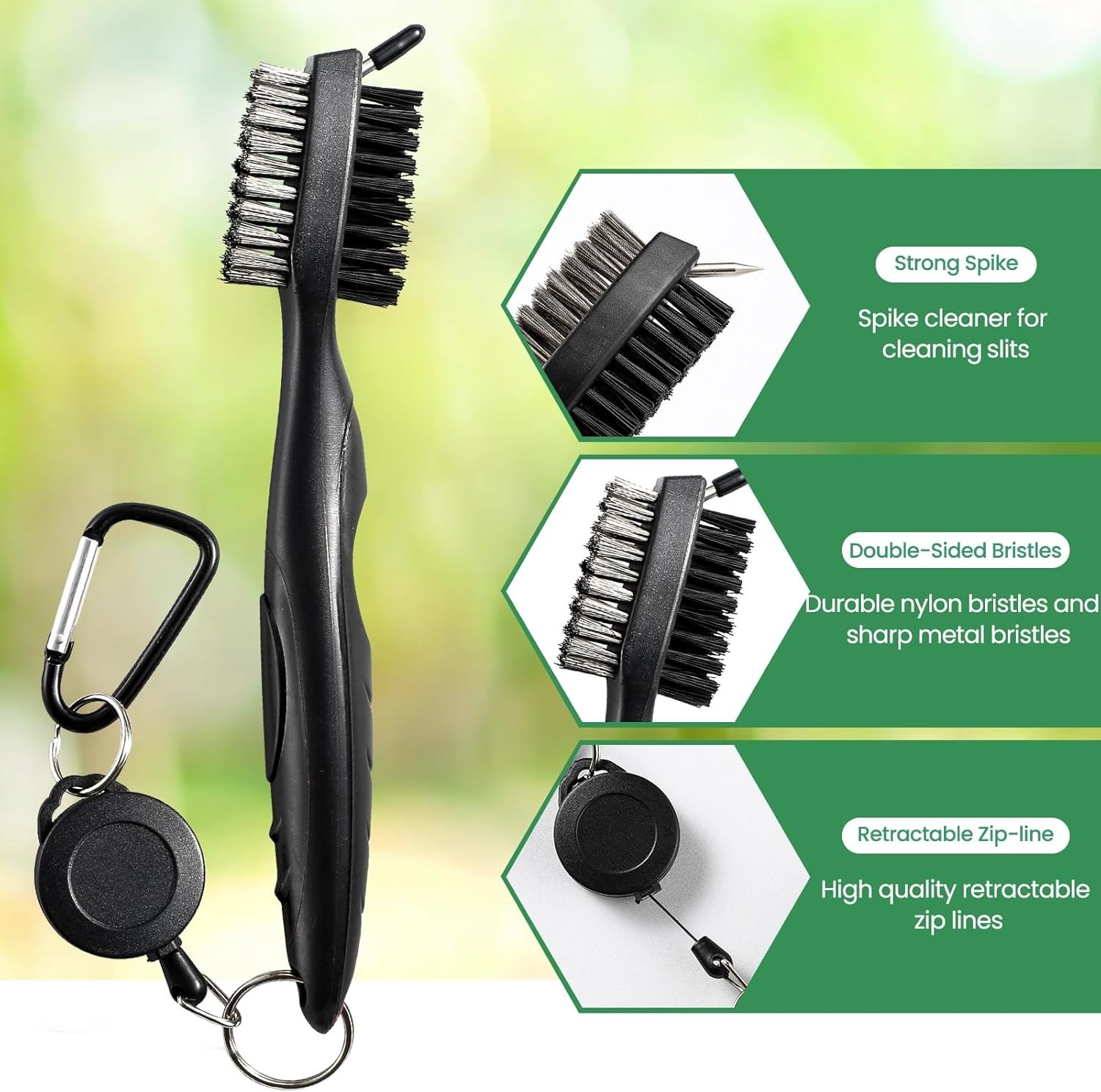2 PCS Golf Club Brushes & Groove Cleaner 2 Ft Retractable Zipline Carabiner Tool