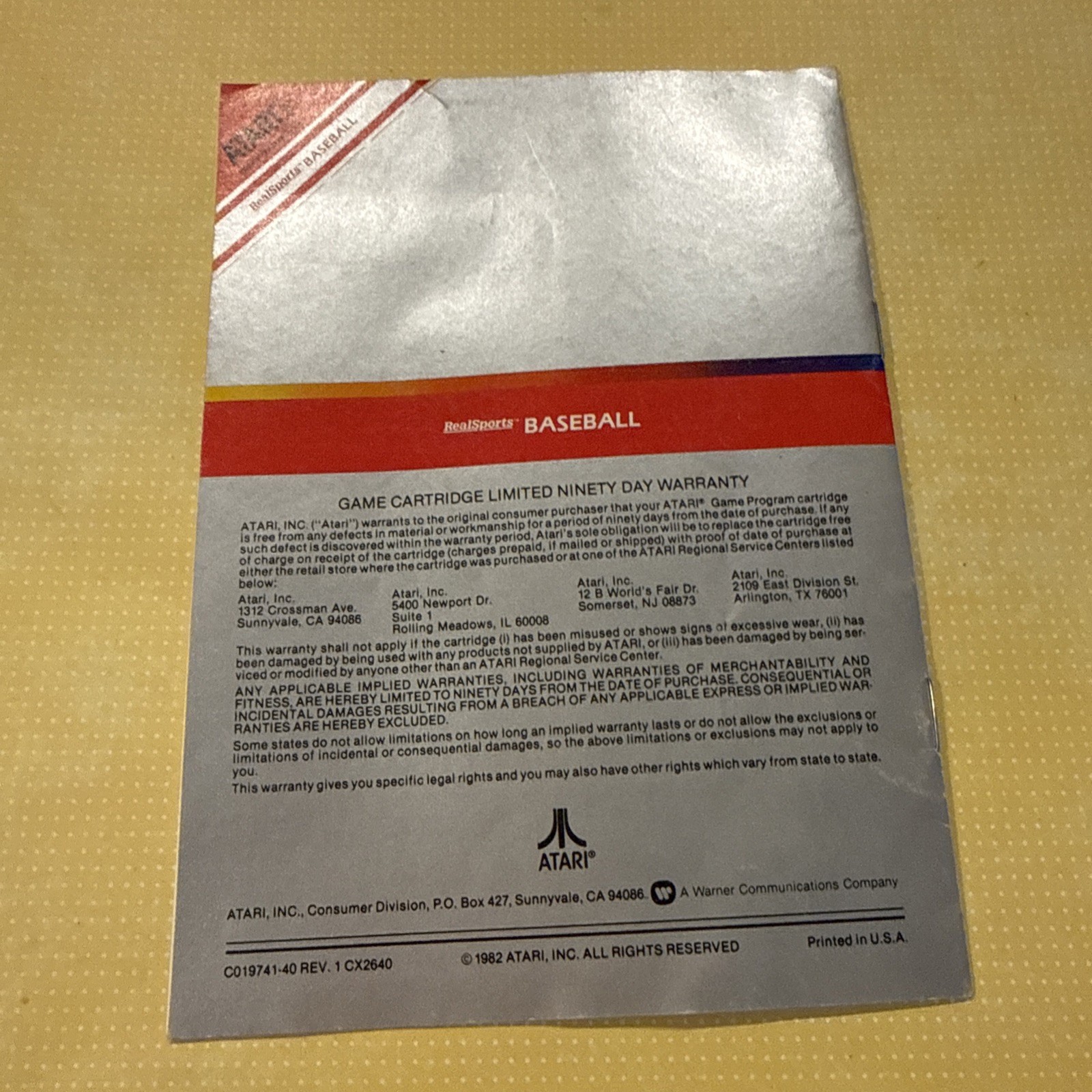 1982 Atari Baseball Game Booklet