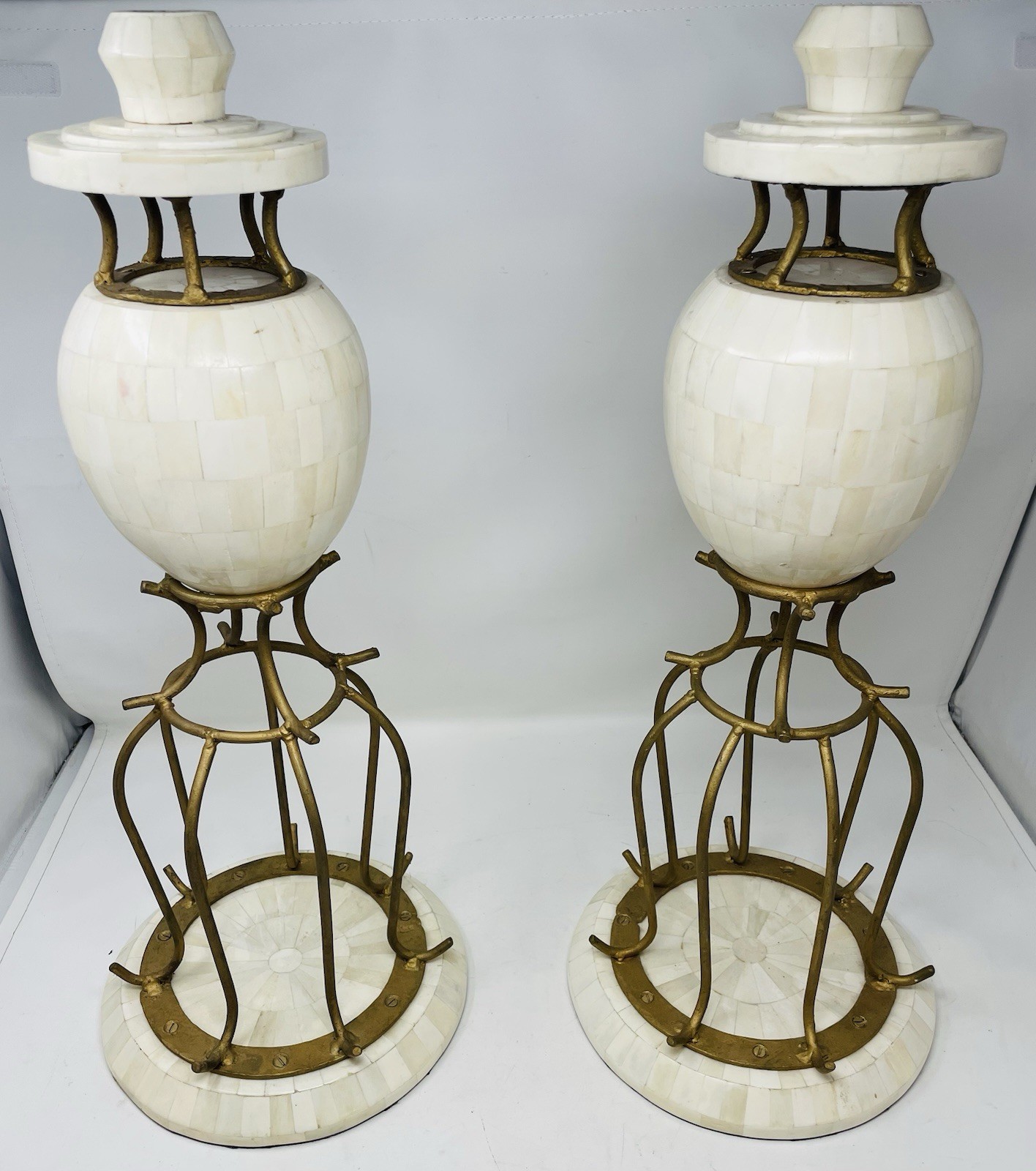 2 Vintage Inlaid Bone & Metal Large Heavy  Candlesticks 22” Tall 9” Base