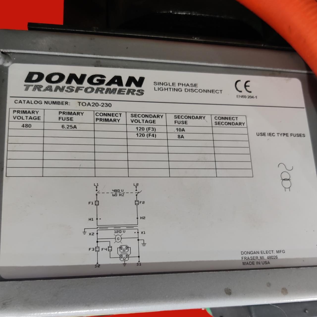 Dongan Transformers Single Phase Lighting Disconnect Transformer, TOA20-230