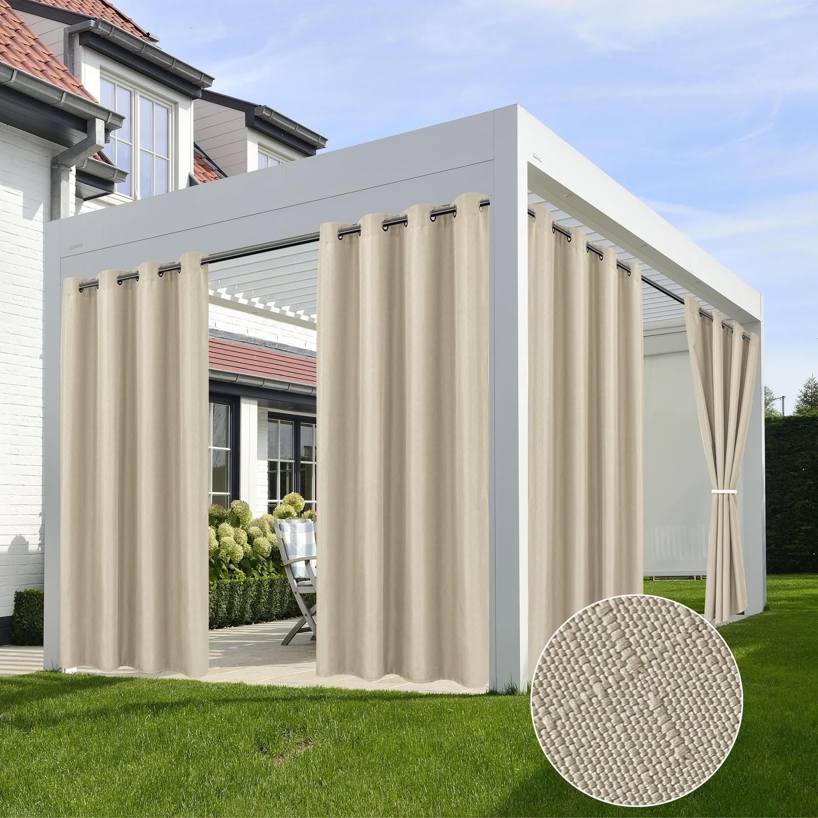 HolidayIdeas 4 Panels Linen Outdoor Curtains for Patio Waterproof Cream Outside