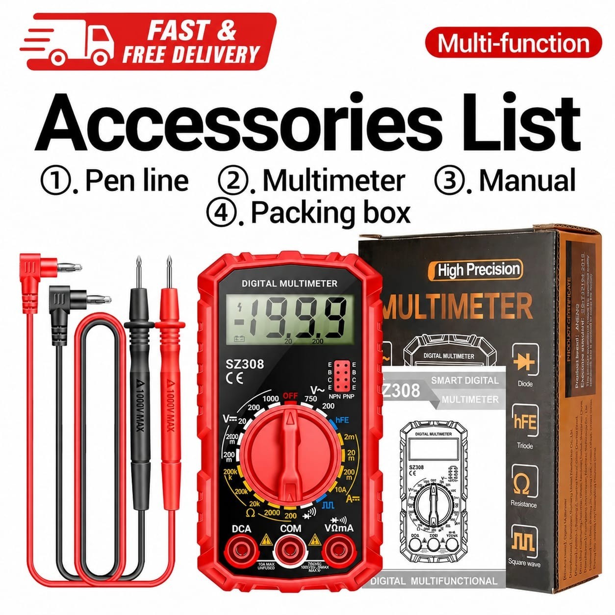 SZ308 Digital Multimeter Square Wave Test Voltage Resistance Meter AC/DC