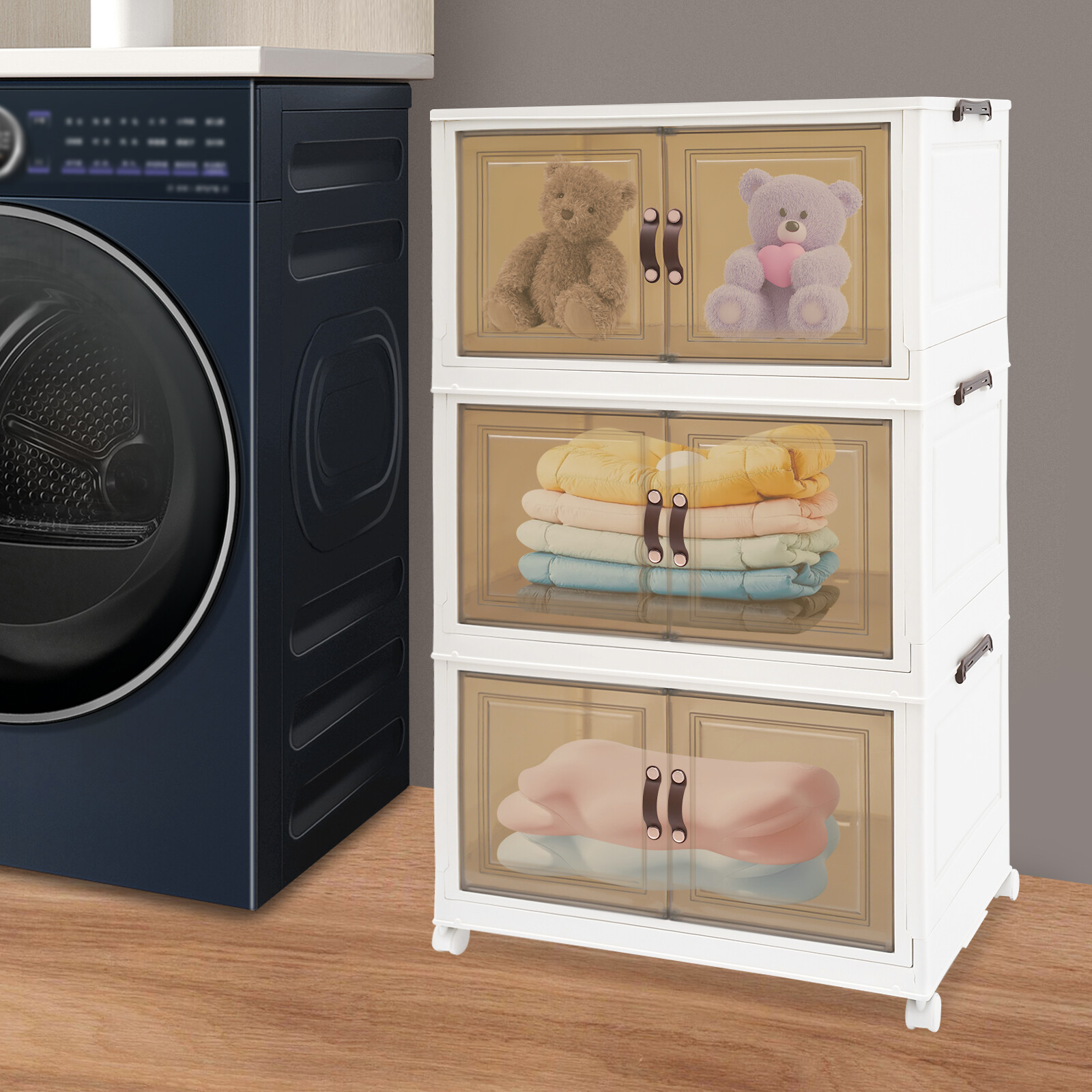 3PCS Foldable Storage Cabinets, Stackable Storage Containers w/ Wheels
