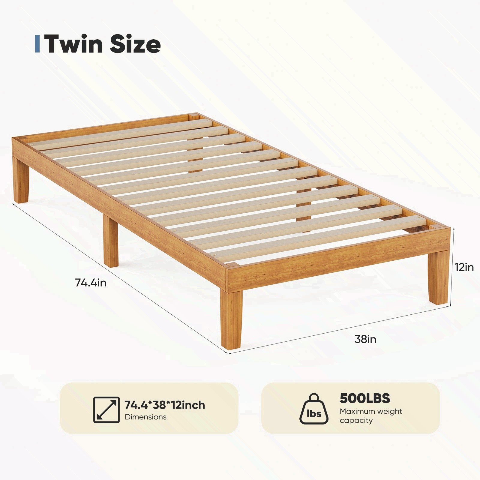 Twin Size Solid Wood Bed Frame, Bed Base with Wood Slat Support