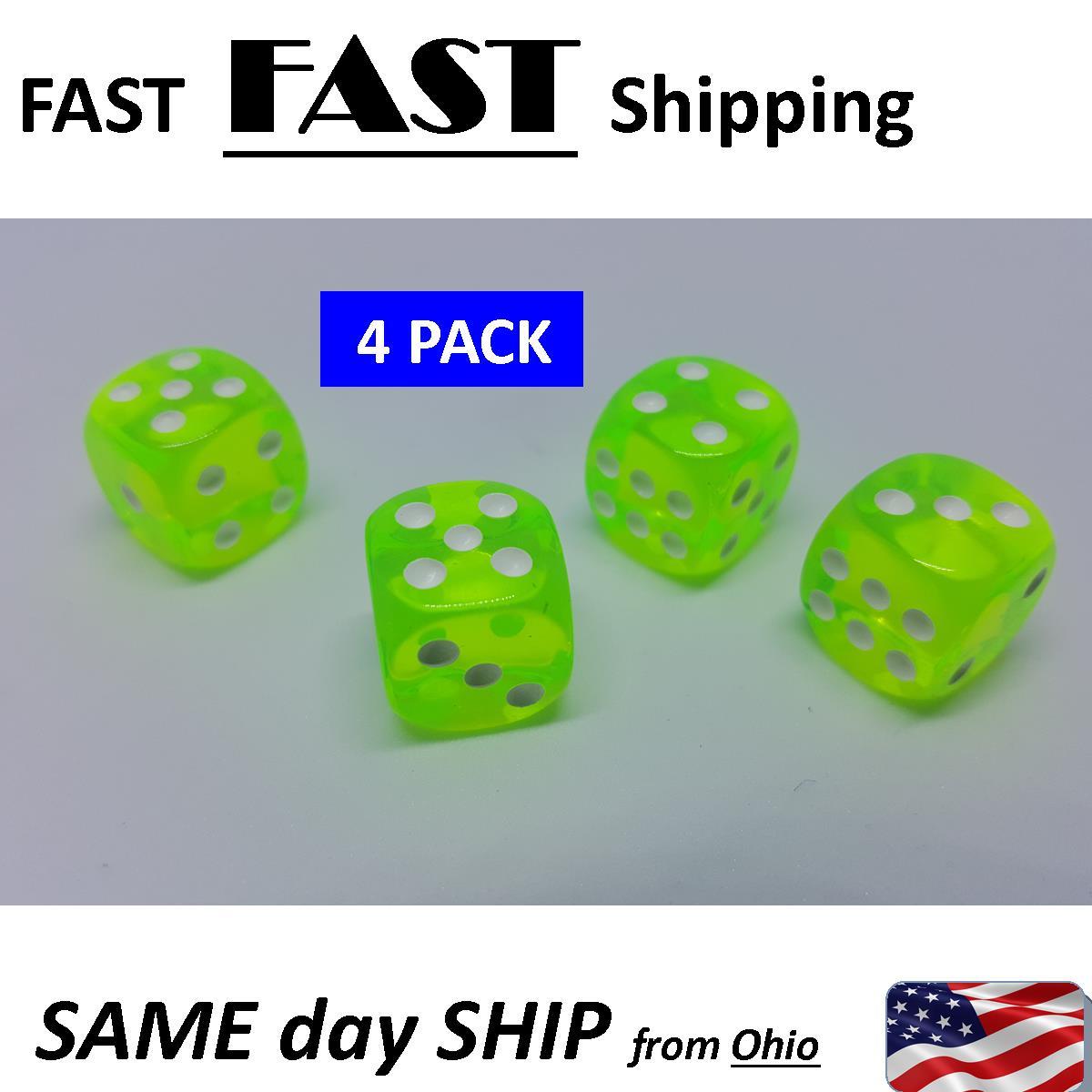 See through bright green dice (4) game dice replacement - "dice"