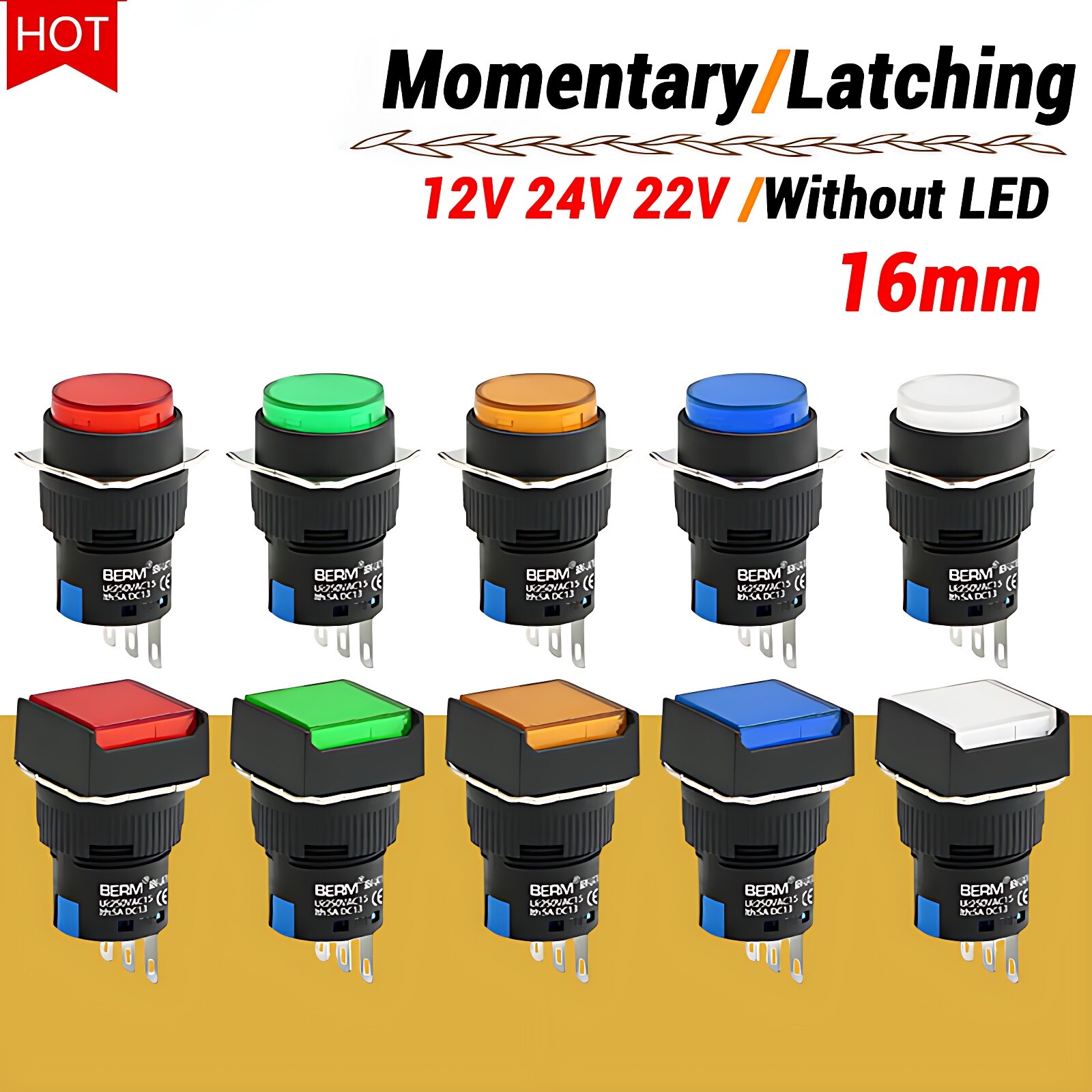 16mm Latching/Momentary Push Button Switch ON-OFF 5colors LED Lamp 5A 12V~220V