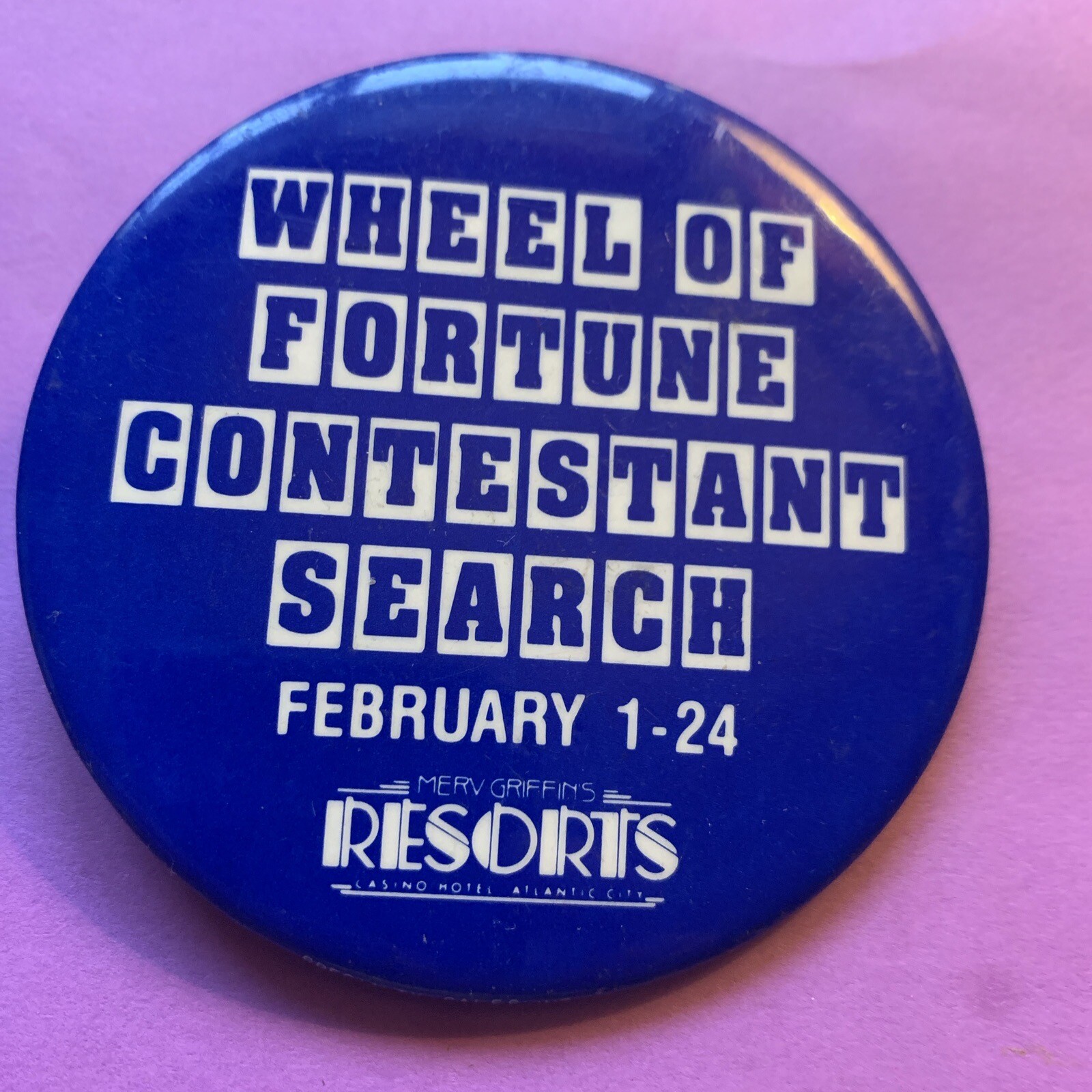 Merv  Griffins Resorts Wheel Of Fortune Contestant Search Clipon Button Tv