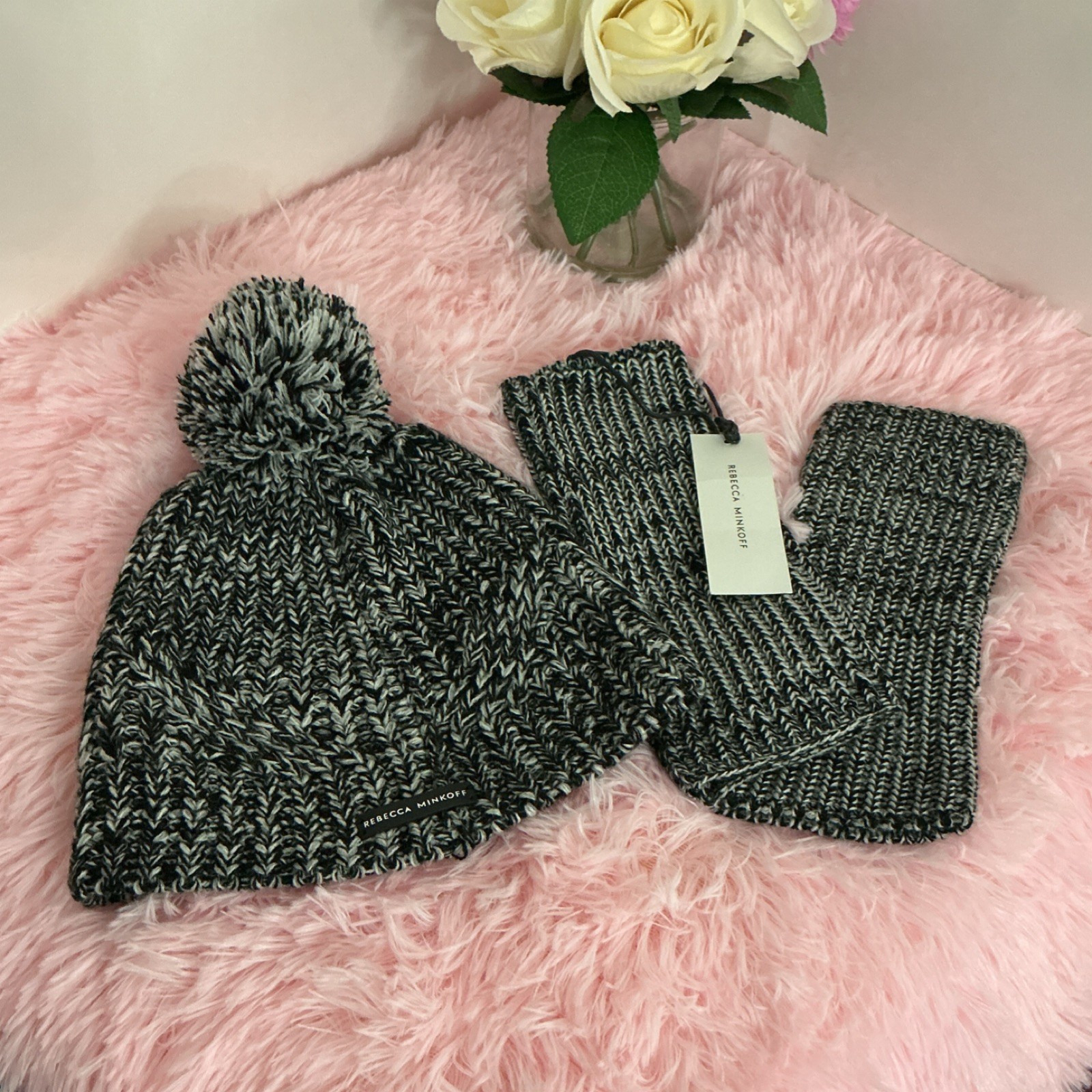 Rebecca Minkoff Black Gray Knit Winter Accessory Set 3 Piece Pom-Pom