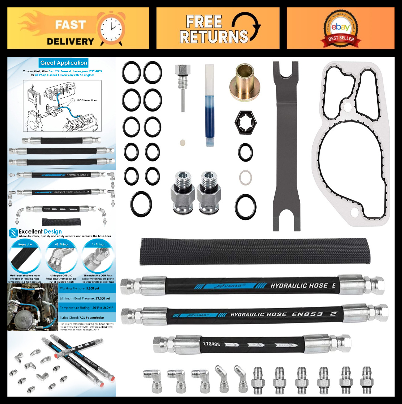 High Pressure Oil Pump Kit & Hoses for Ford 7.3L Powerstroke Diesel F-Series E-S