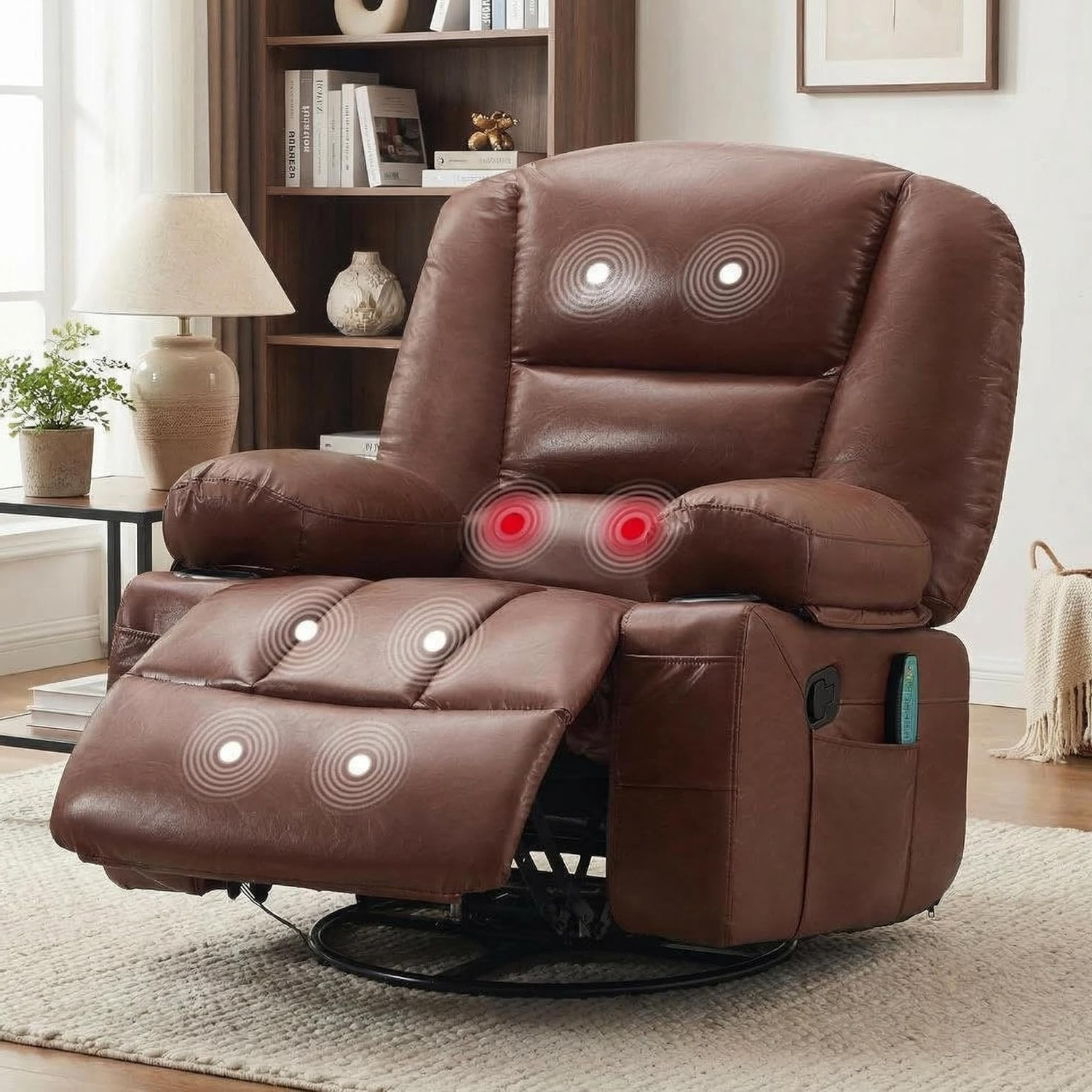 360° Rotating Recliner Chair Manual Recline, Heat & Vibration Massage, Brown