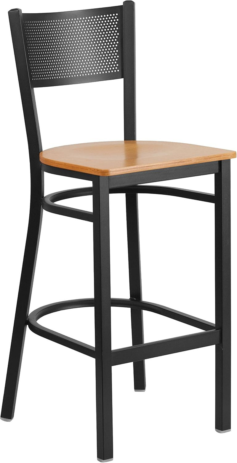 HERCULES Series Black Grid Back Metal Restaurant Barstool - Natural Wood Seat |