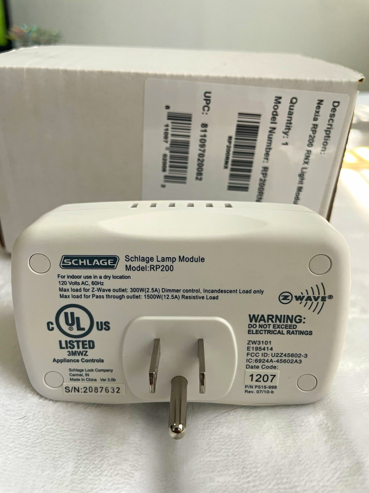 Plug Lamp Dimmer Nexia White Schlage RP200/RP200RNX Z-Wave Smart 300W