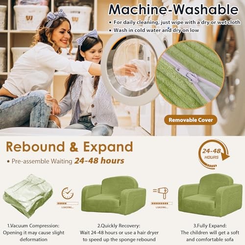 2 in 1 Convertible Kids Couch - Corduroy Fold Out Kids Sofa Chair Medium Green