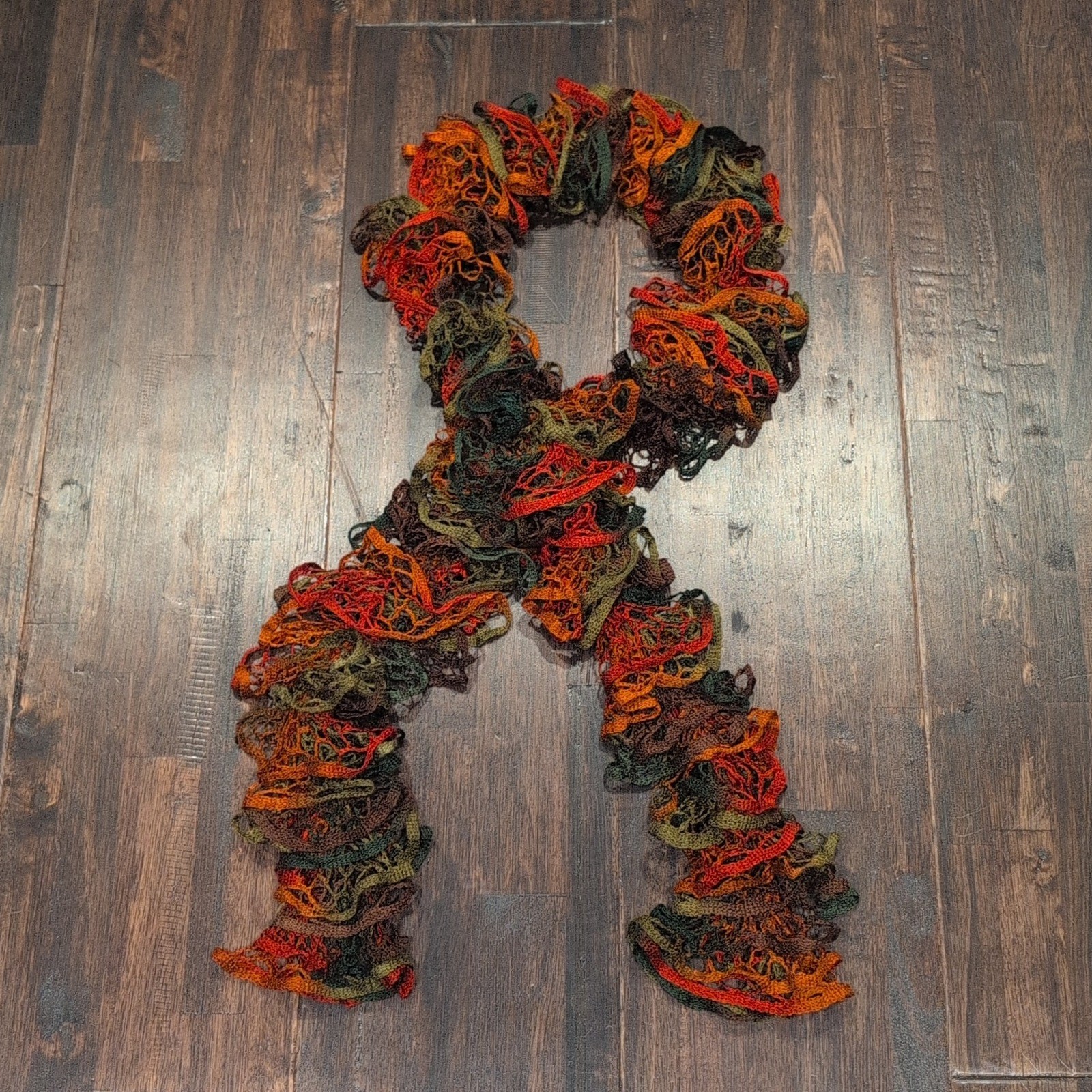 Handmade Spiral Knit Womens Crochet Ruffle Scarf Autumn Colors Bohemian 90s Y2K