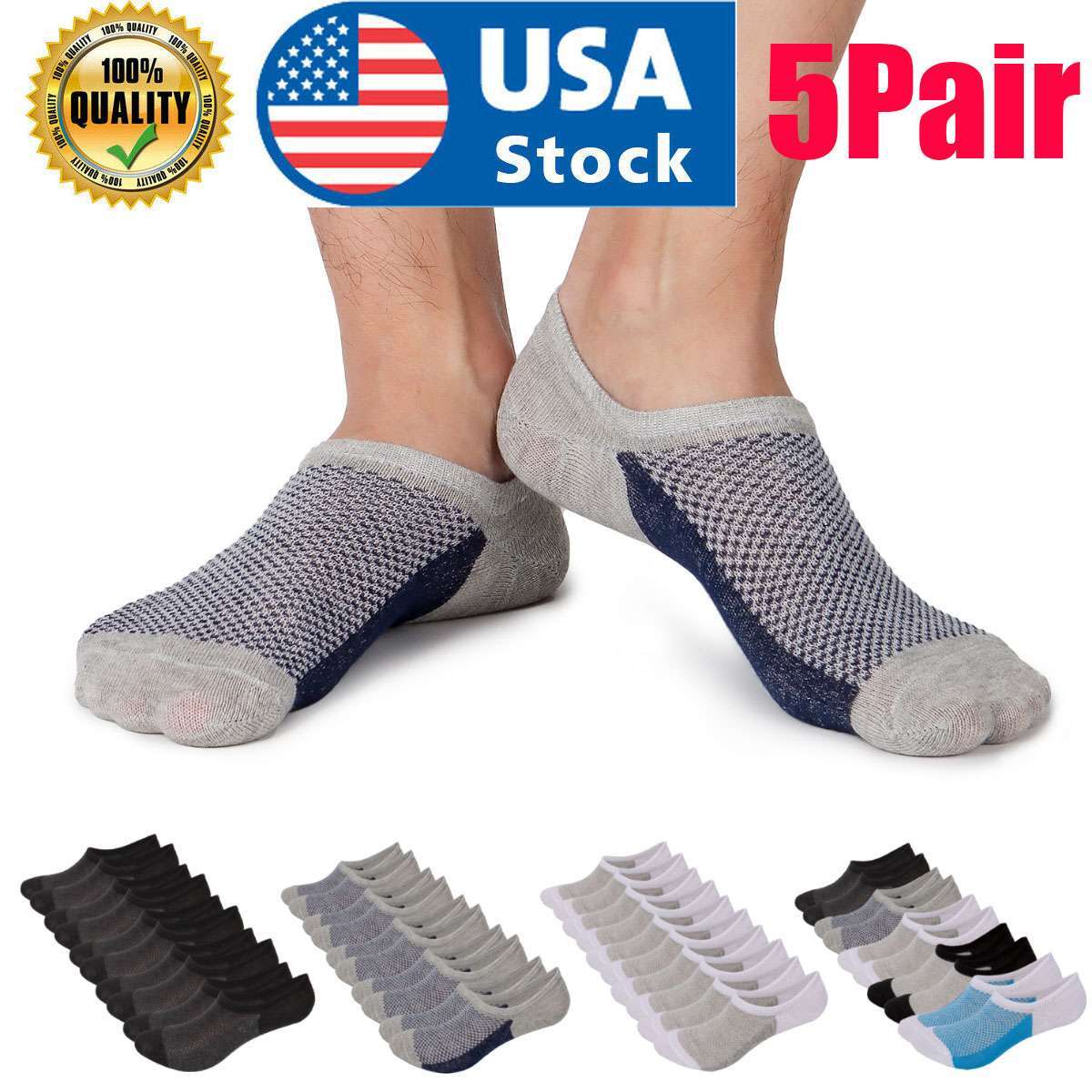 5 Pairs Mens Women No Show Invisible Nonslip Low Cut Socks