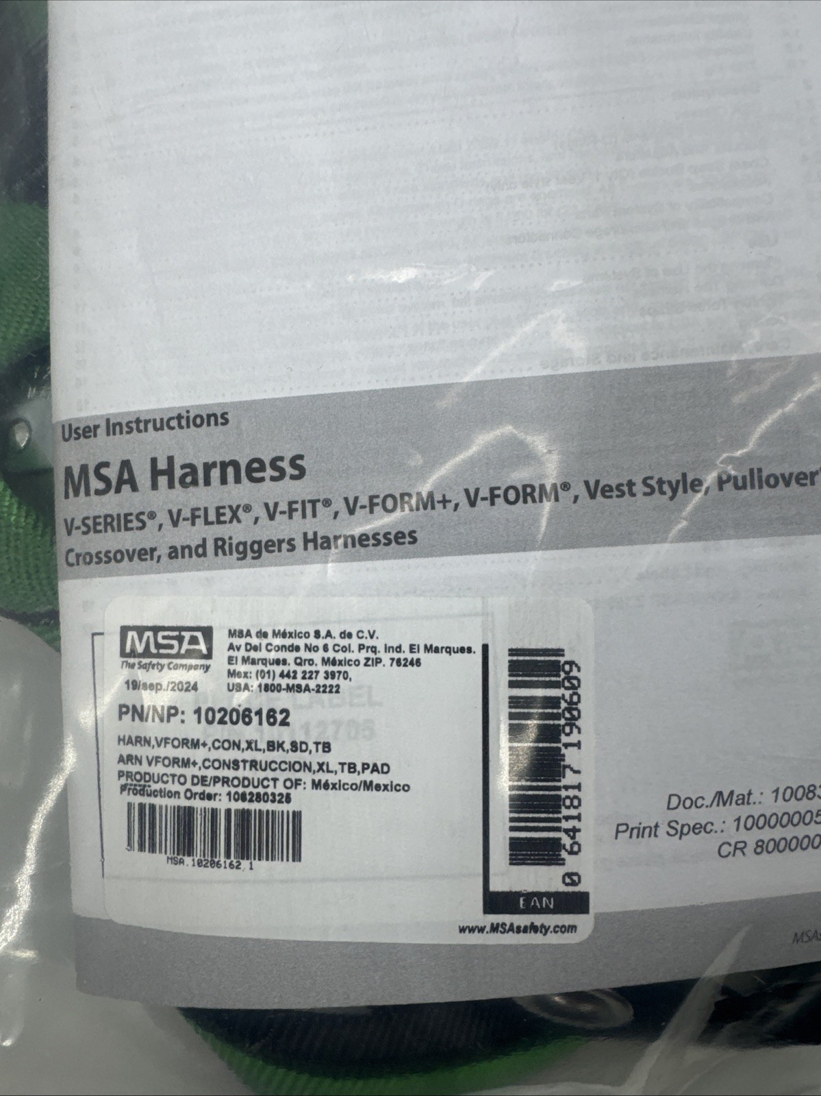 MSA 10206162 V-Form+ Construction Harness XL Polyester 310LB Back/Hip D-Ring