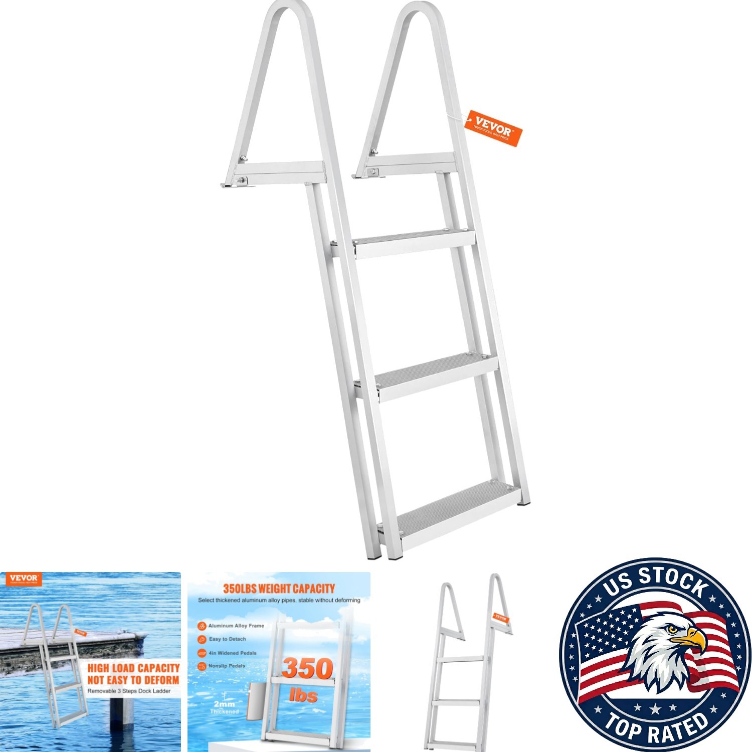 Removable Aluminum Dock Ladder 3 Steps, 350 lbs Capacity for Pools & Boats