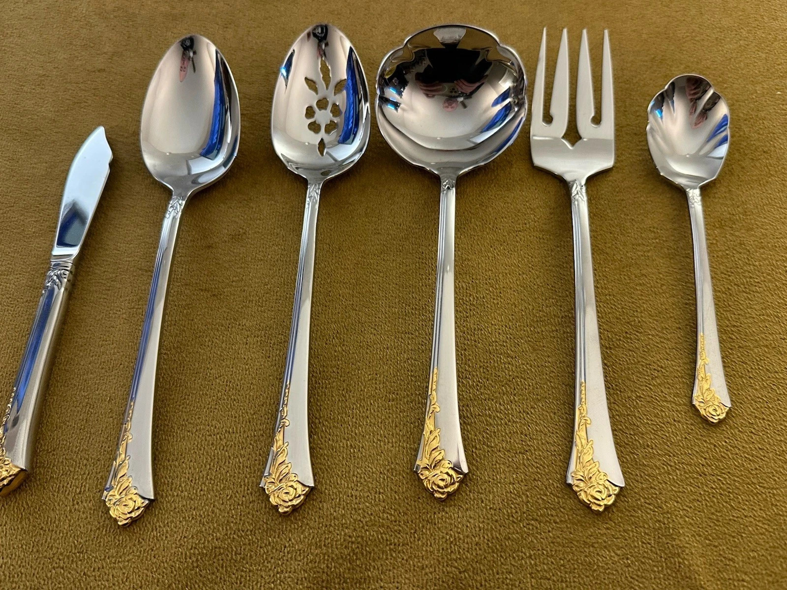 Oneida GOLDEN DAMASK ROSE Set of 6 Serving Pcs  Cube Stainless Flatware UNUSED