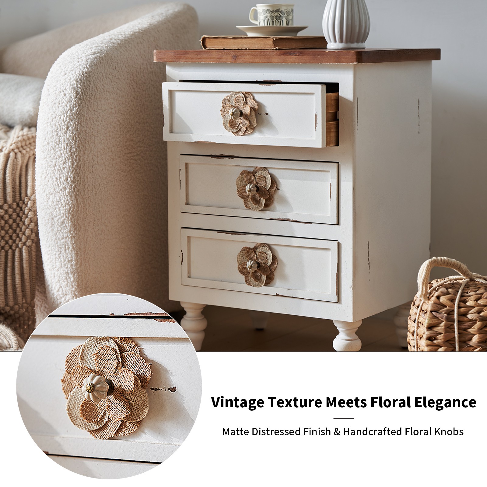 Vintage Farmhouse End Table with Floral Knobs – 19" Rustic Nightstand with 3 Dra