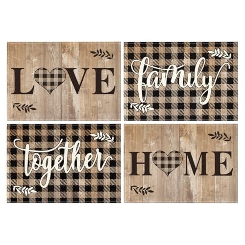 Wood Love Family Home Together Buffalo Plaid Placemats Set of 4, Black/Wood