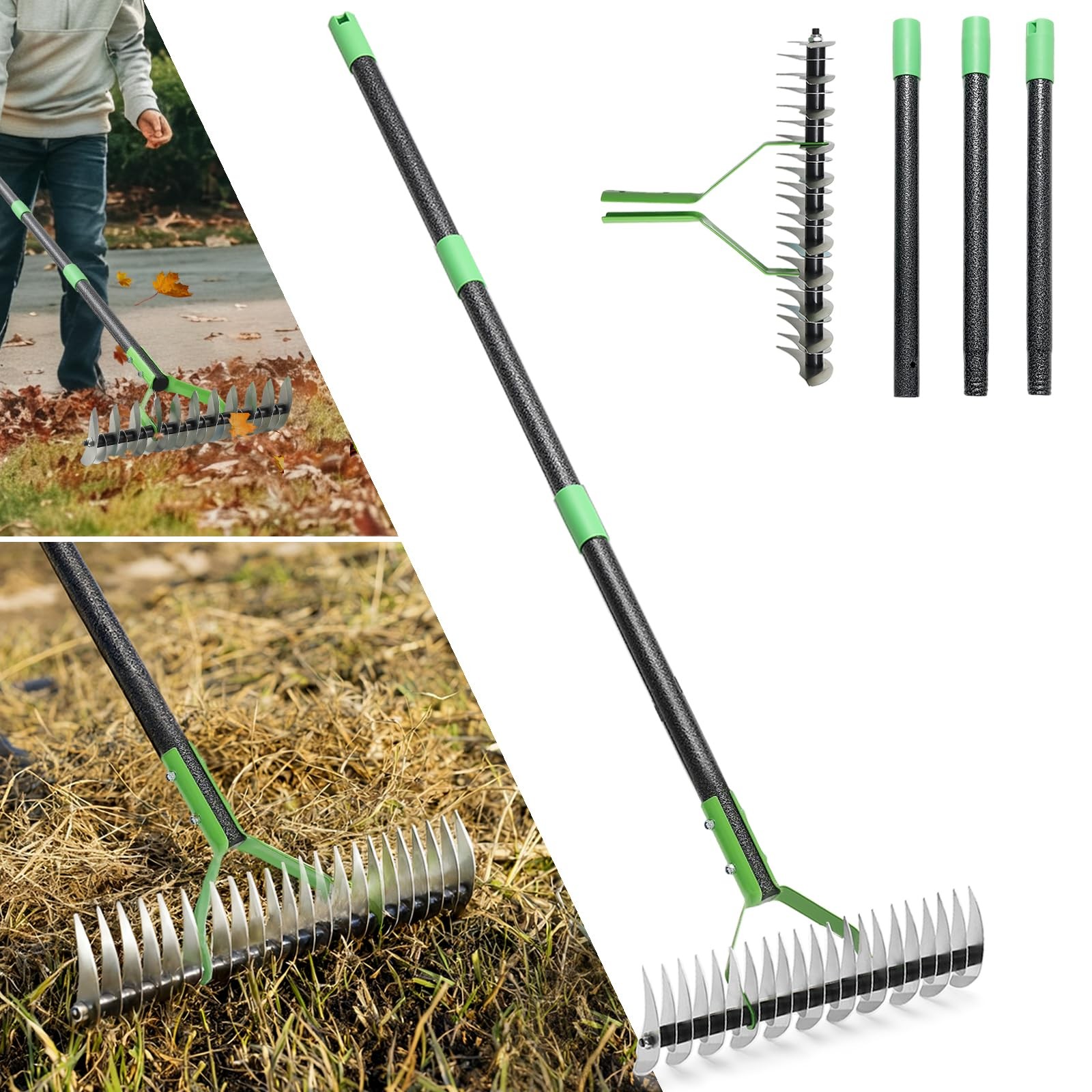 Thatch Rake, 13" Wide Efficient Dethatcher Rake with 55" Adjustable Long Hand...