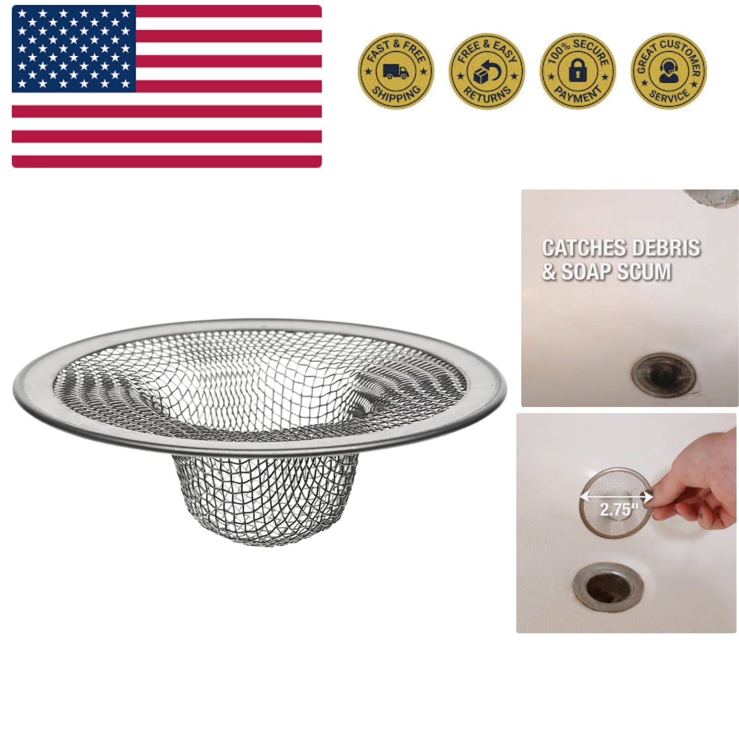 88821 2-3/4-Inch Tub Mesh Strainer, Stainless Steel, Silver