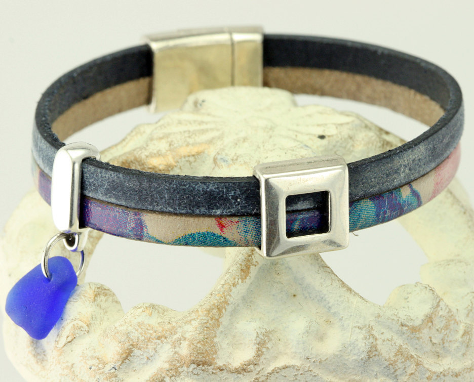 Midnight Blue and Watercolor Leather Silver Wrap Bracelet