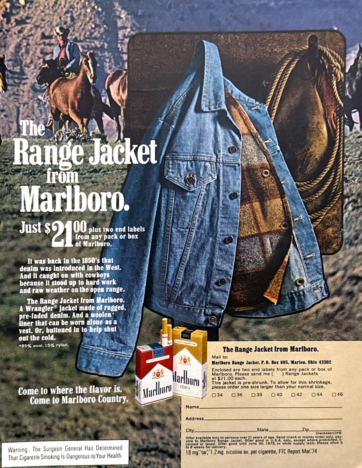 1975 Marlboro Cigarettes Denim Range Jacket photo Order Form vintage print ad