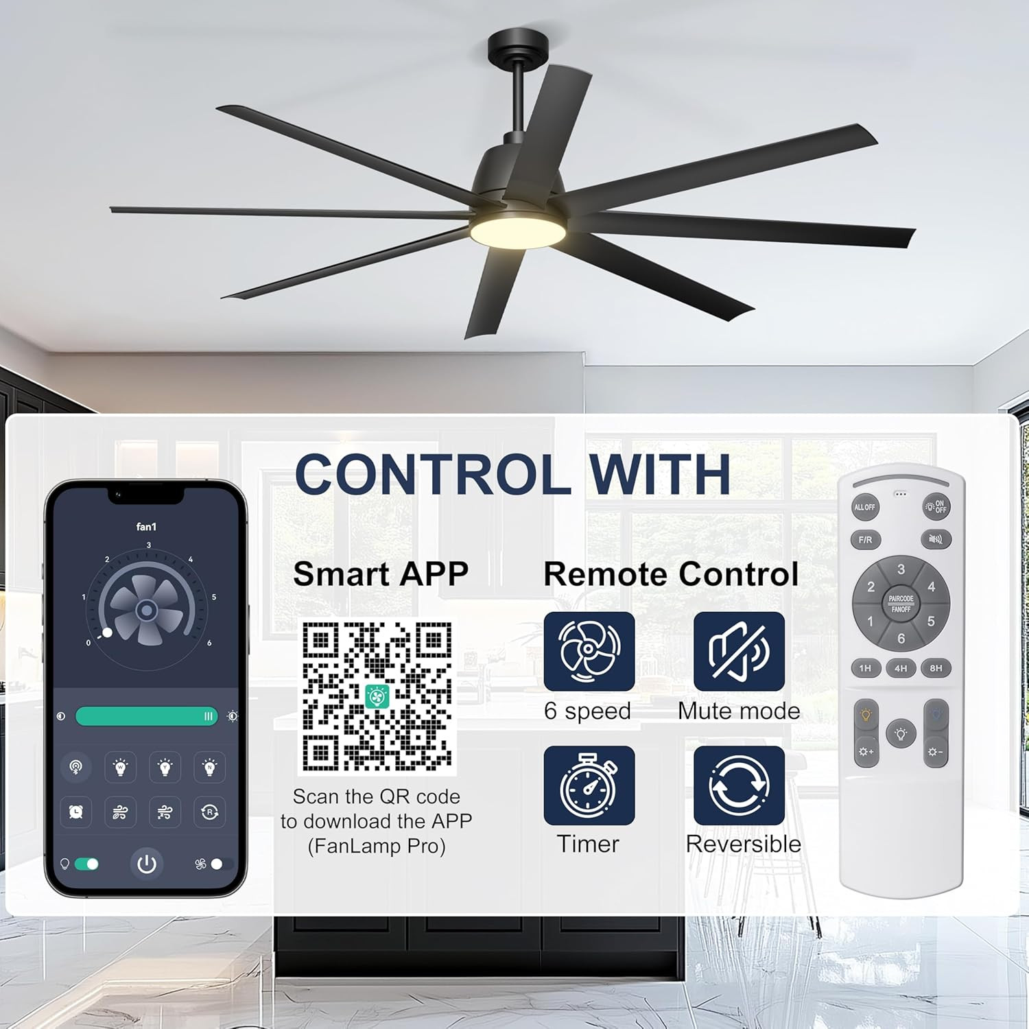 72" Smart Ceiling Fan with Light, Remote & App Control, 6 Speed, Black