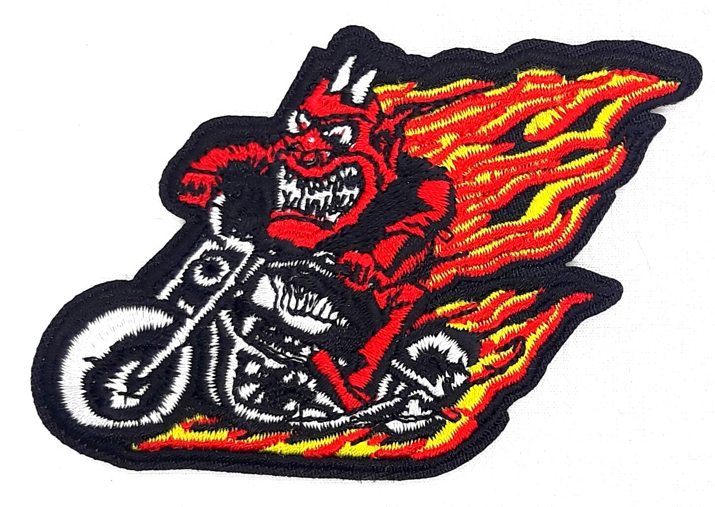Devil Biker In Flames Iron On Embroidered Patch 3 7/8" X 2 3/8"