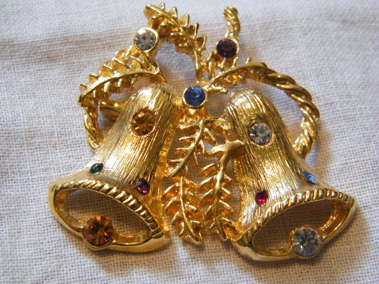 Christmas Brooch Pin  Textured Gold Tone Bells Colorful Rhinestones WOW