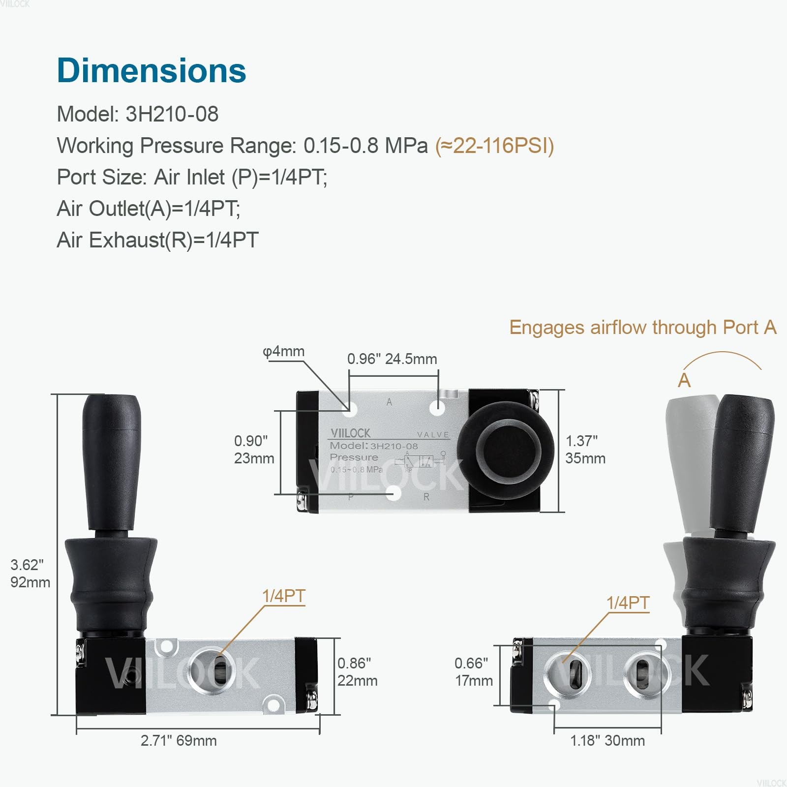 Pneumatic Air Hand Lever Valve, 3 Way 2 Position 1/4”NPT Solenoid Valve Manual