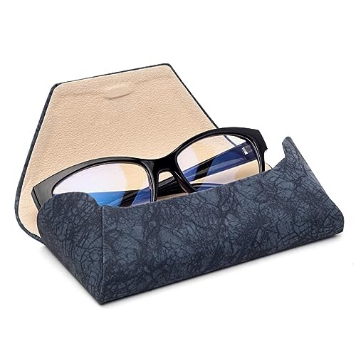Glasses Case Hard Shell Light Portable Eyeglass Case PU Leather Suede Blue